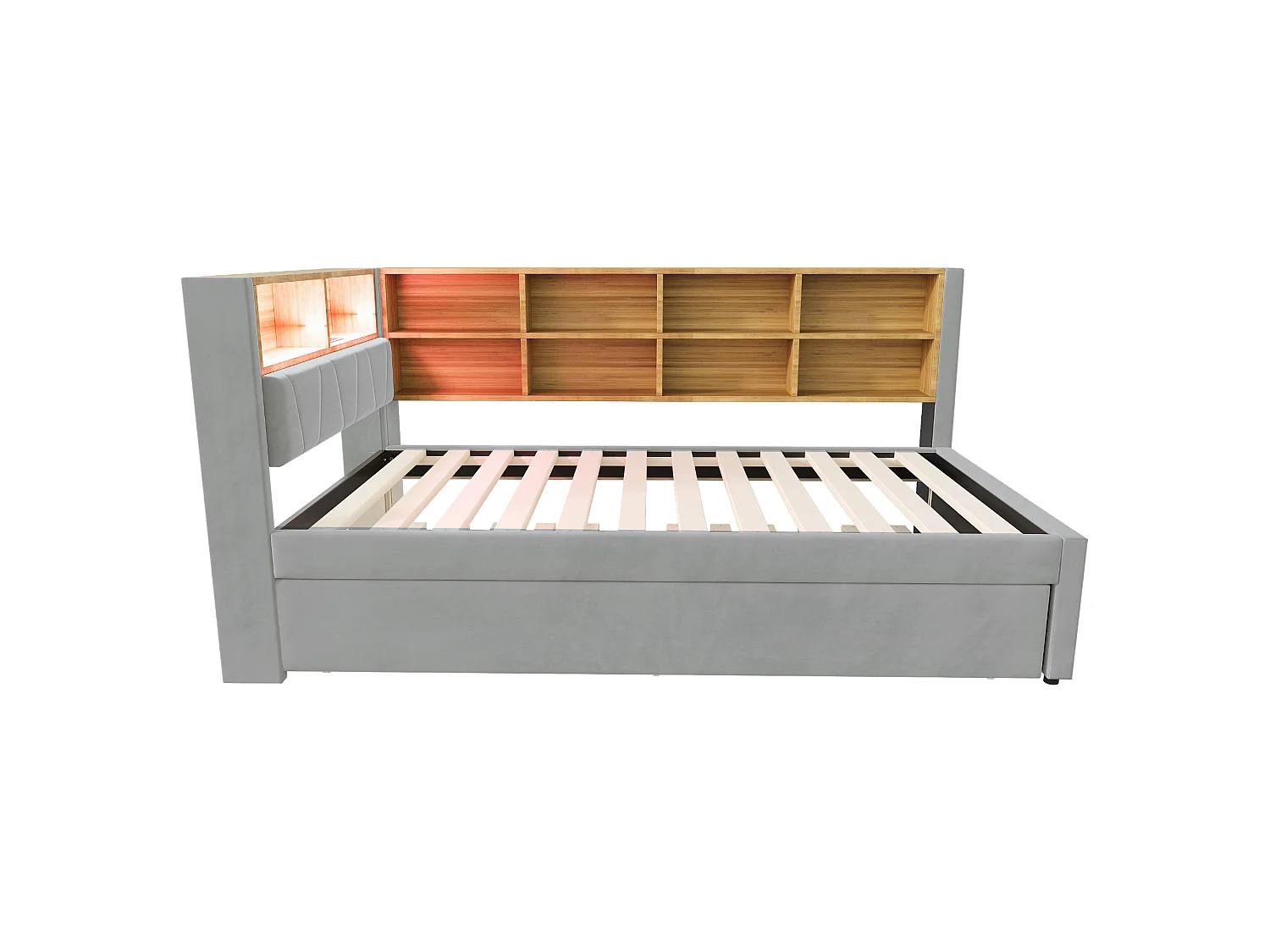 Lit banquette 90 x 200 cm - Lit gigogne 90 x 190 cm avec éclairage LED et nombreux rangements - flanelle gris clair