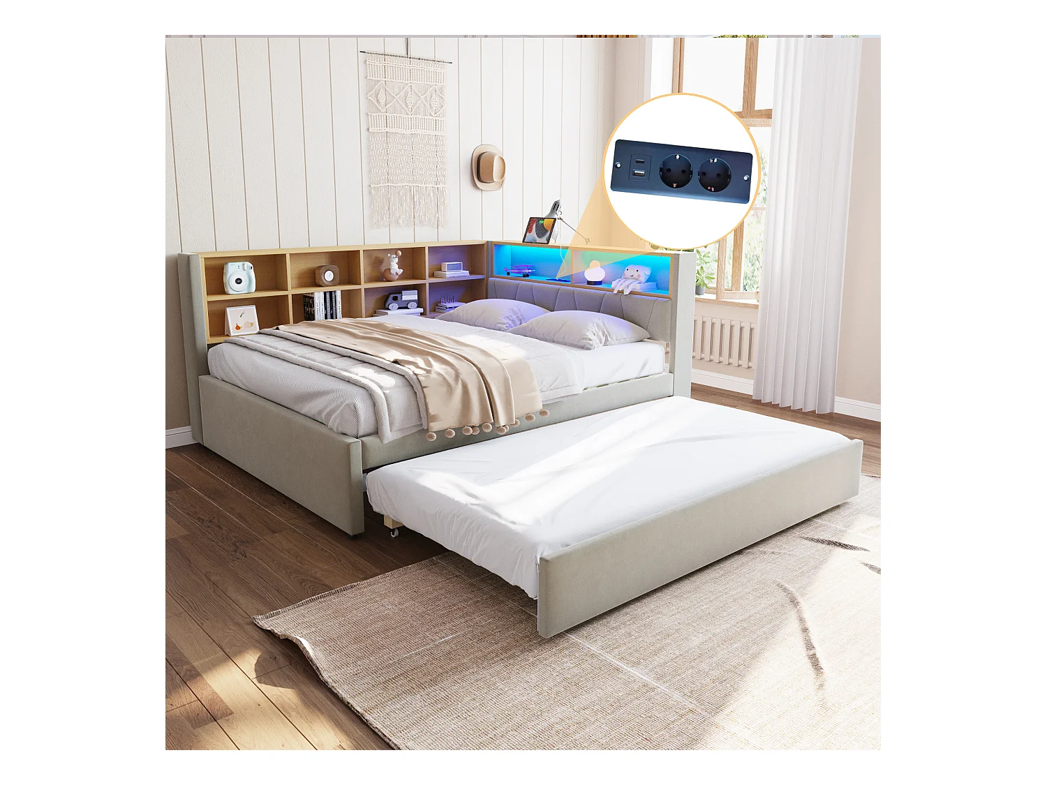 Tagesbett 140 x 200 cm - Ausziehbett 90 x 190 cm mit LED-Beleuchtung und viel Stauraum - hellgrauer Flanell