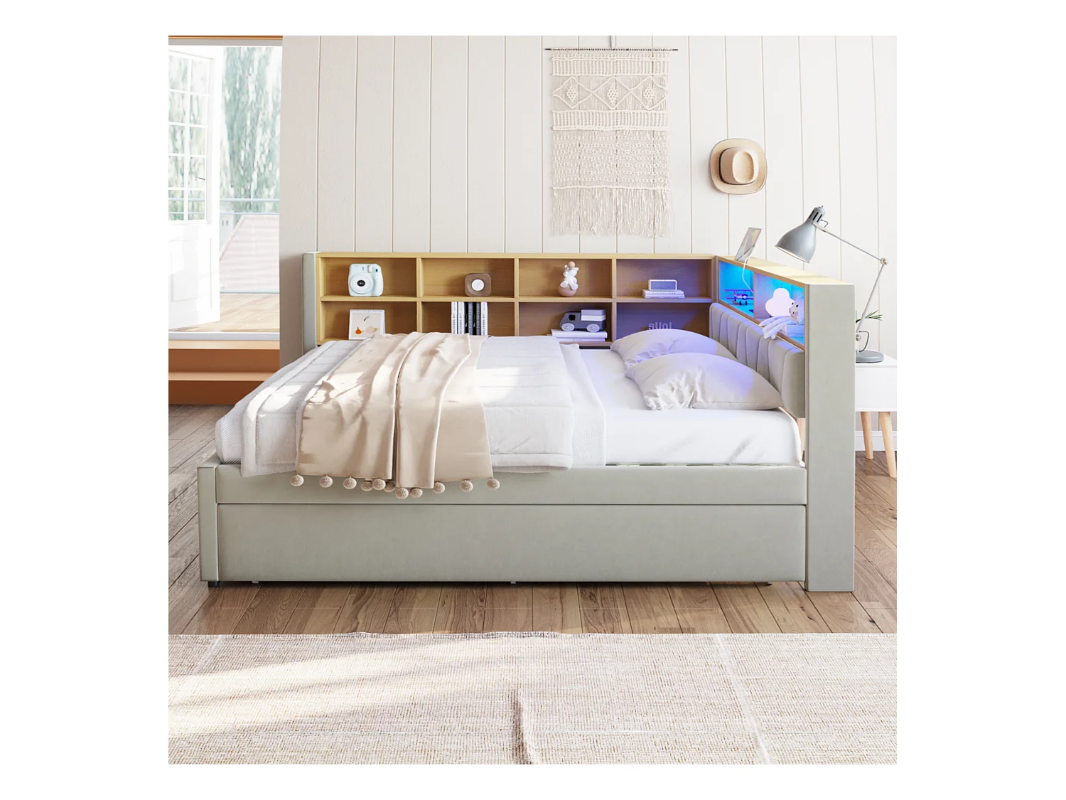 Tagesbett 140 x 200 cm - Ausziehbett 90 x 190 cm mit LED-Beleuchtung und viel Stauraum - hellgrauer Flanell