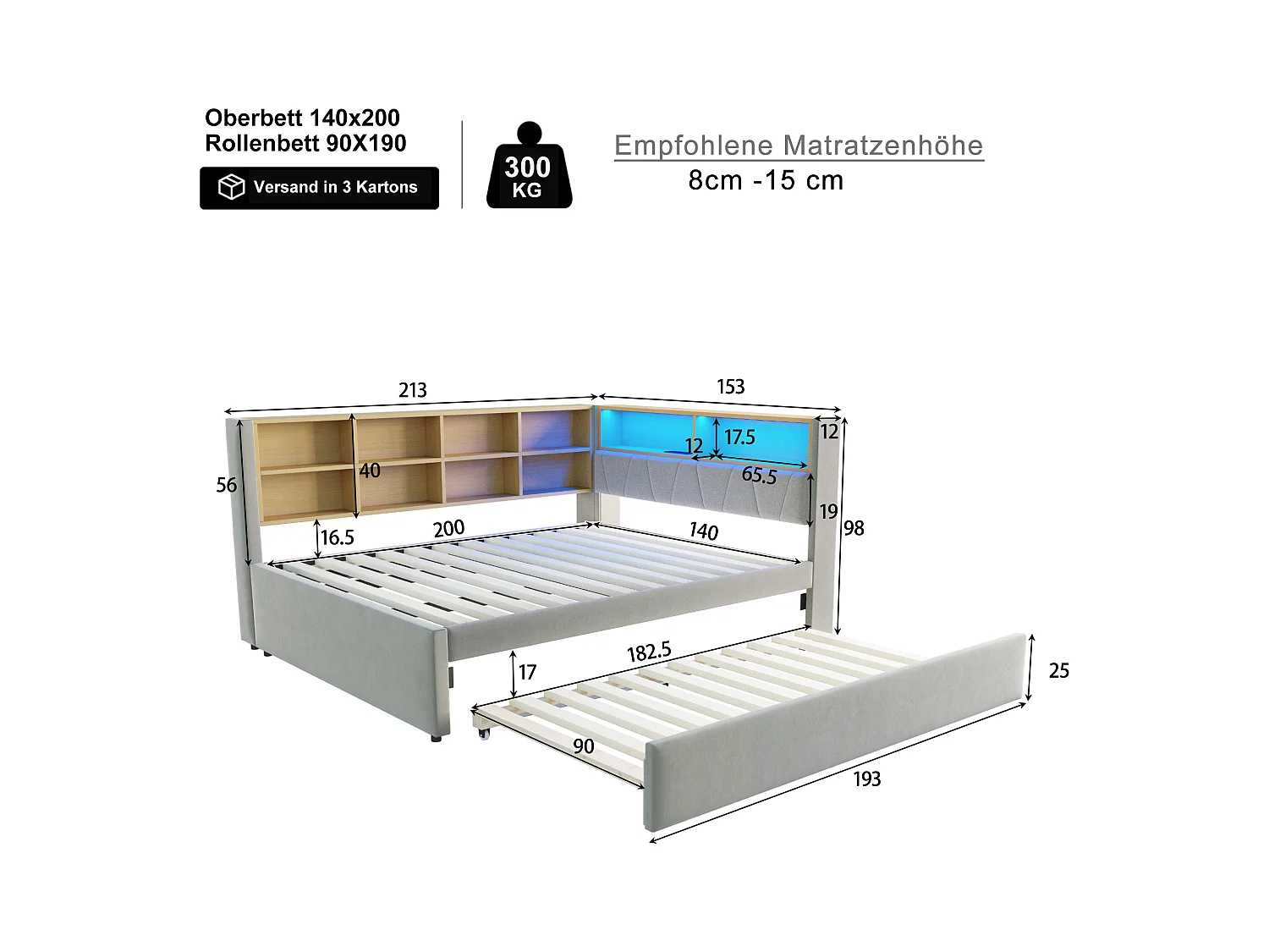 Tagesbett 140 x 200 cm - Ausziehbett 90 x 190 cm mit LED-Beleuchtung und viel Stauraum - hellgrauer Flanell