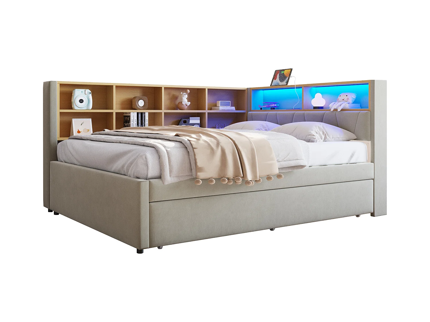 Tagesbett 140 x 200 cm - Ausziehbett 90 x 190 cm mit LED-Beleuchtung und viel Stauraum - hellgrauer Flanell