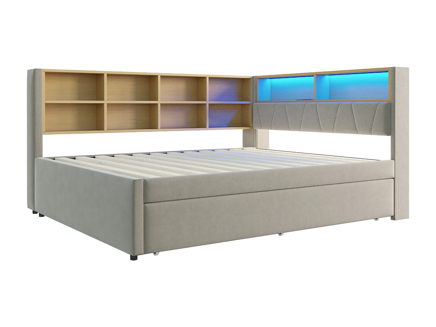 Tagesbett 140 x 200 cm - Ausziehbett 90 x 190 cm mit LED-Beleuchtung und viel Stauraum - hellgrauer Flanell