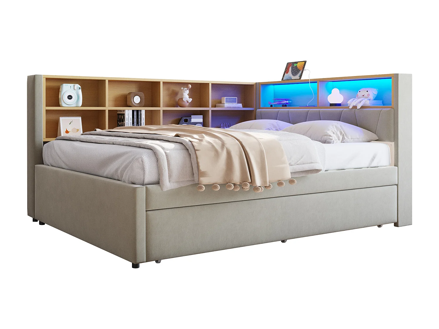 Daybed 140 x 200 cm - Uitschuifbed 90 x 190 cm met LED-verlichting en veel opbergruimte - lichtgrijs flanel