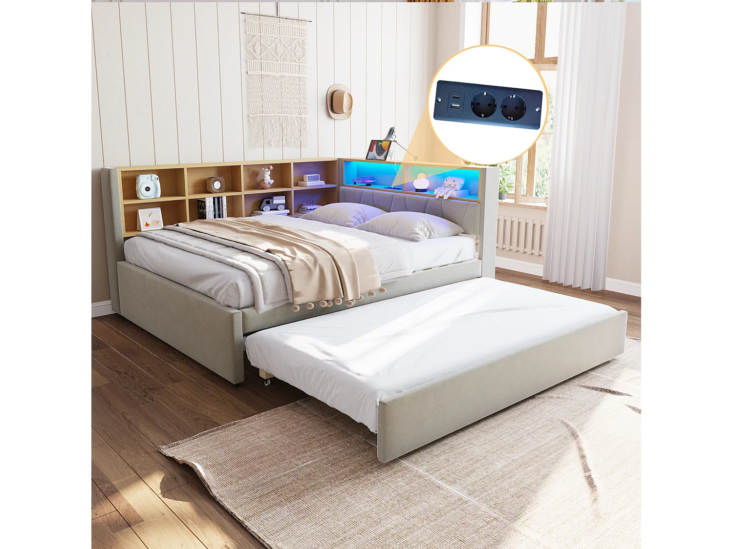 Lit banquette 140 x 200 cm - Lit gigogne 90 x 190 cm avec éclairage LED et nombreux rangements - flanelle gris clair