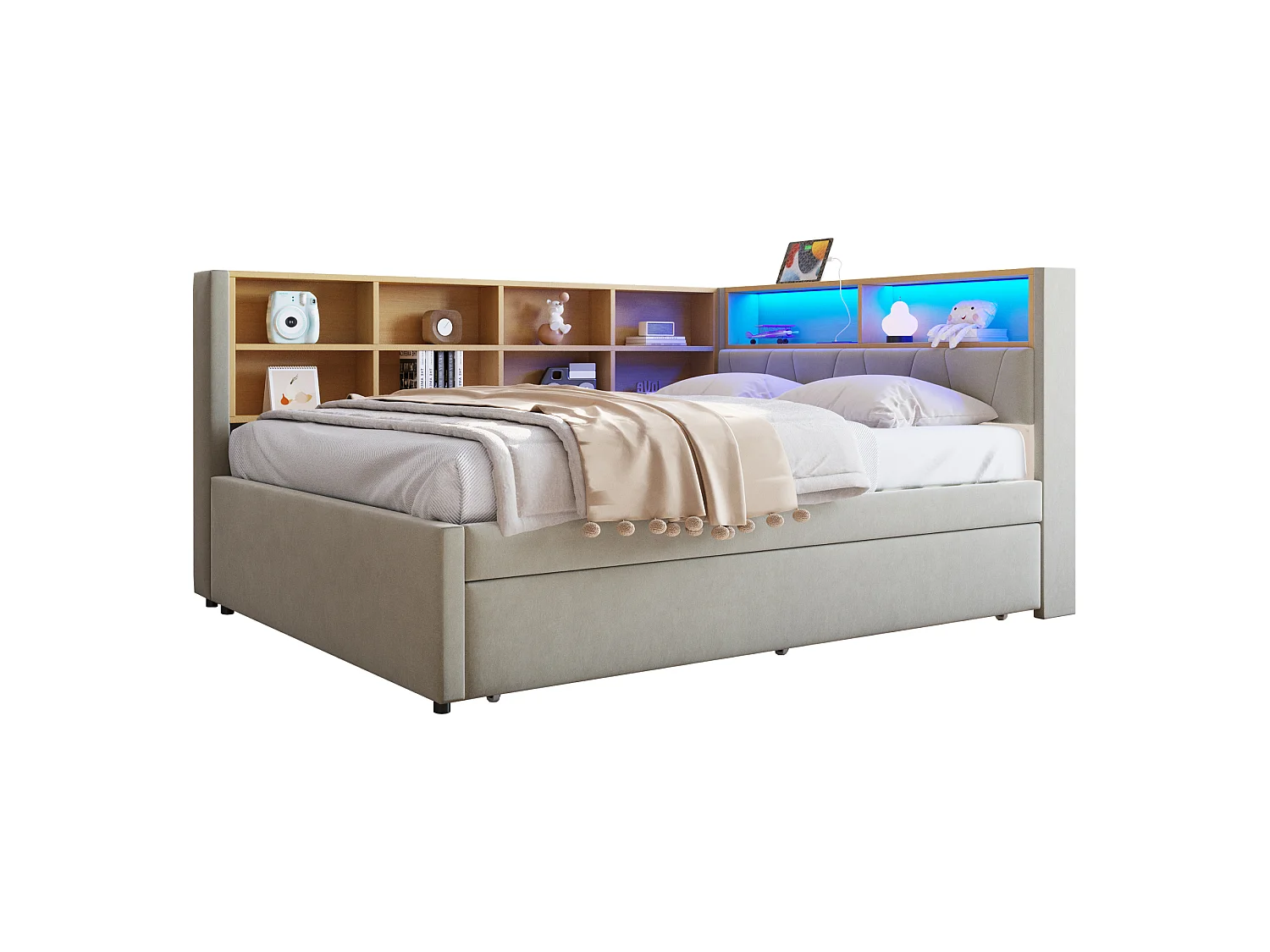 Lit banquette 140 x 200 cm - Lit gigogne 90 x 190 cm avec éclairage LED et nombreux rangements - flanelle gris clair
