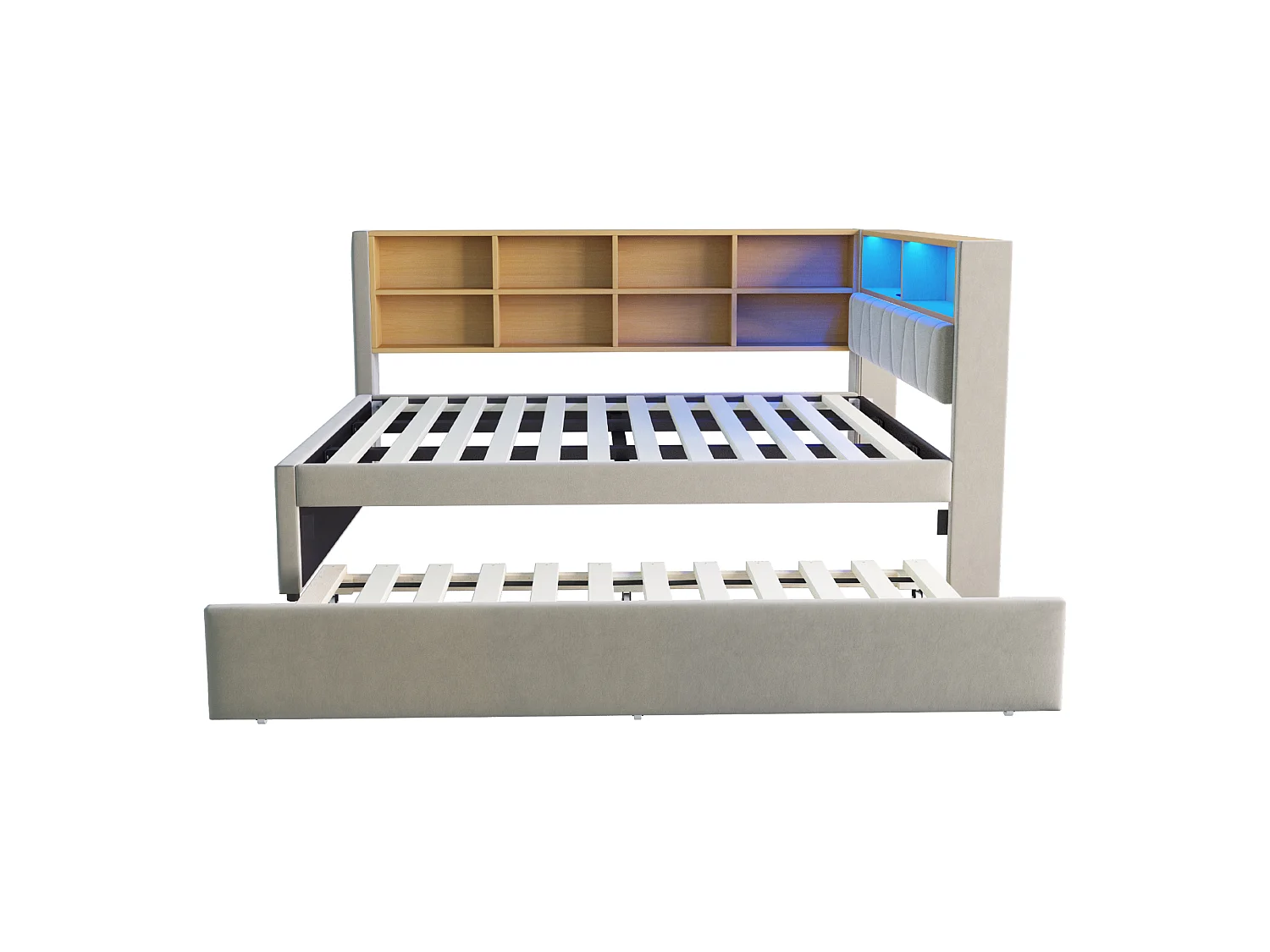 Lit banquette 140 x 200 cm - Lit gigogne 90 x 190 cm avec éclairage LED et nombreux rangements - flanelle gris clair