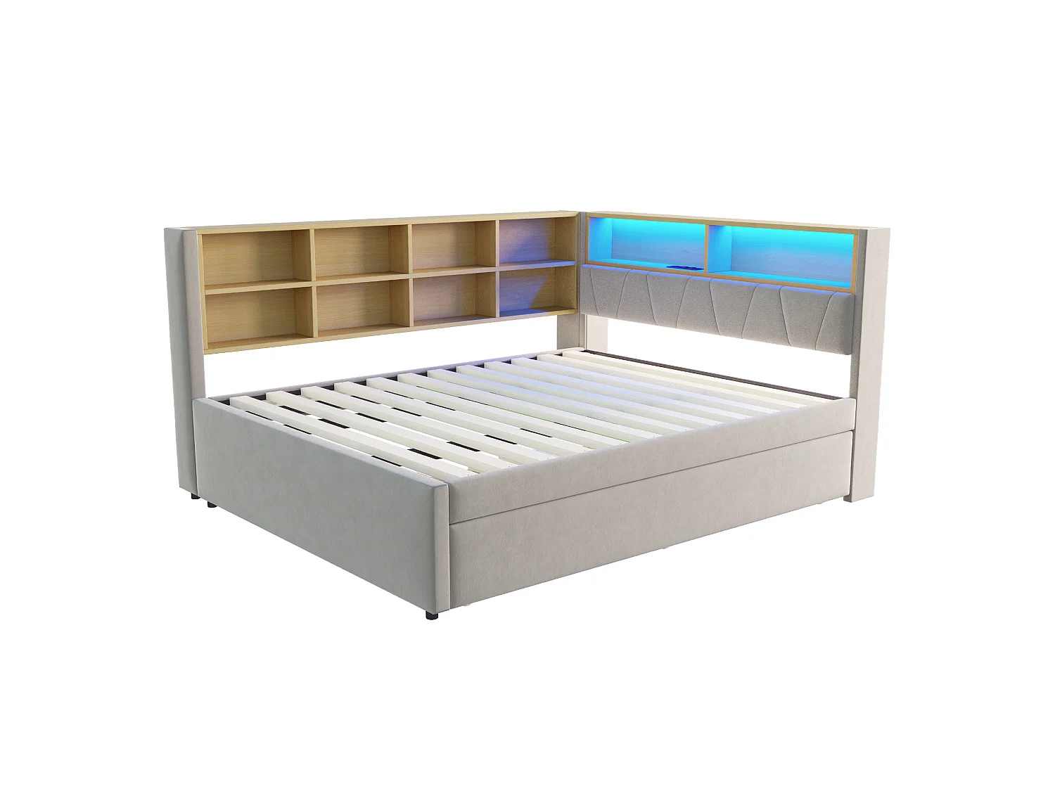 Lit banquette 140 x 200 cm - Lit gigogne 90 x 190 cm avec éclairage LED et nombreux rangements - flanelle gris clair
