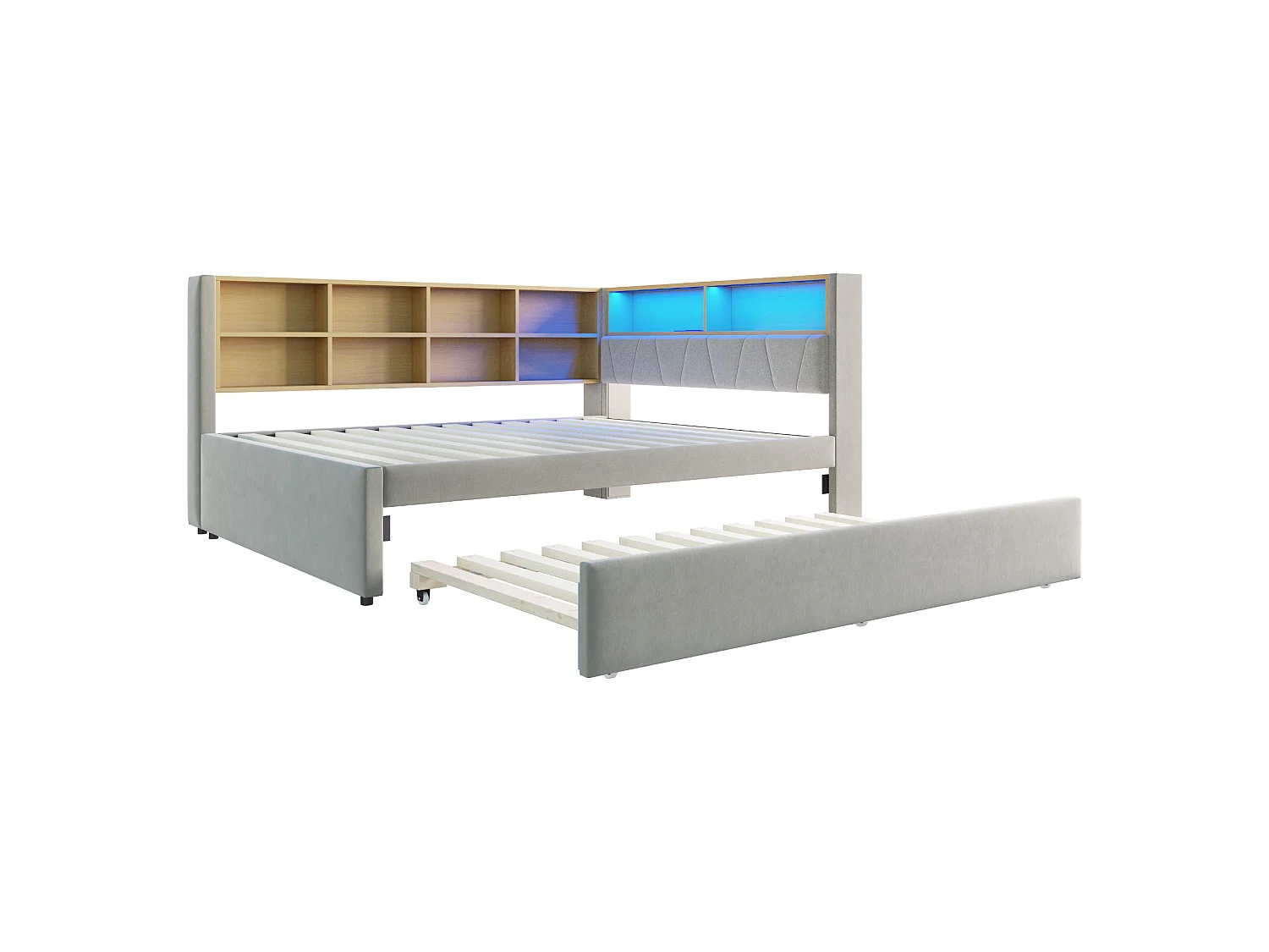Lit banquette 140 x 200 cm - Lit gigogne 90 x 190 cm avec éclairage LED et nombreux rangements - flanelle gris clair