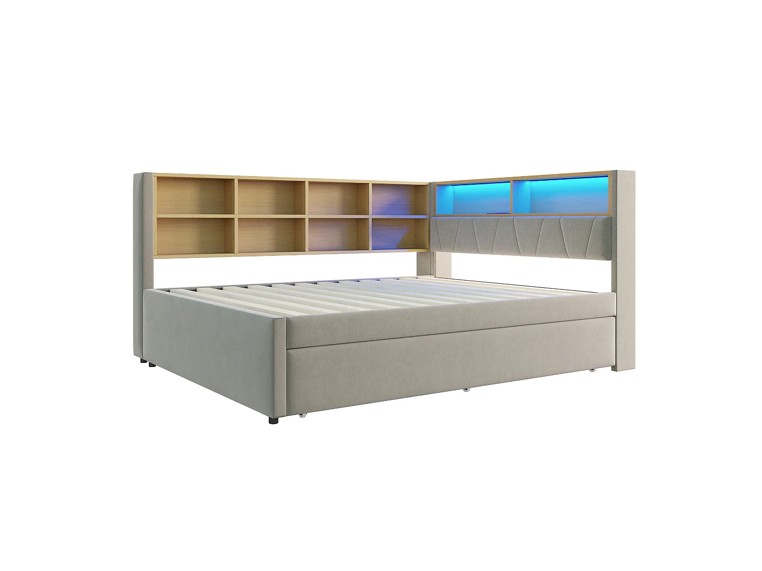 Lit banquette 140 x 200 cm - Lit gigogne 90 x 190 cm avec éclairage LED et nombreux rangements - flanelle gris clair