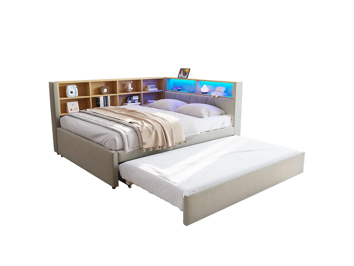 Lit banquette 140 x 200 cm - Lit gigogne 90 x 190 cm avec éclairage LED et nombreux rangements - flanelle gris clair