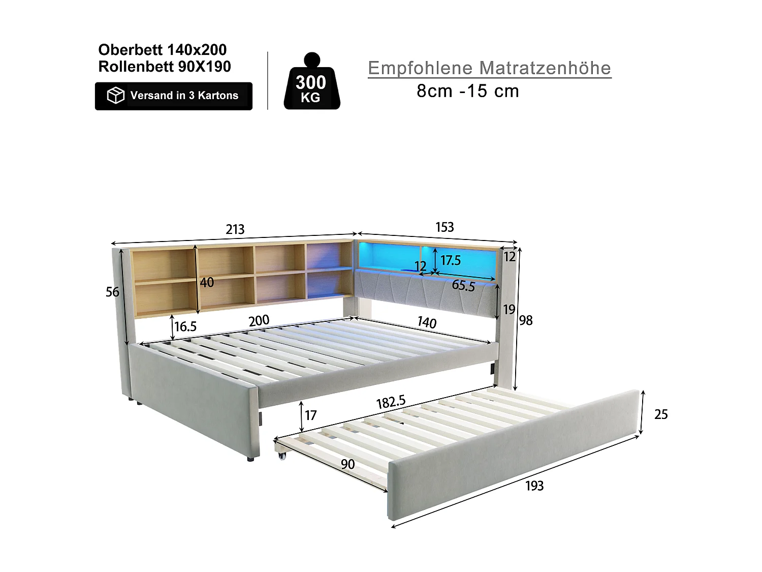 Lit banquette 140 x 200 cm - Lit gigogne 90 x 190 cm avec éclairage LED et nombreux rangements - flanelle gris clair
