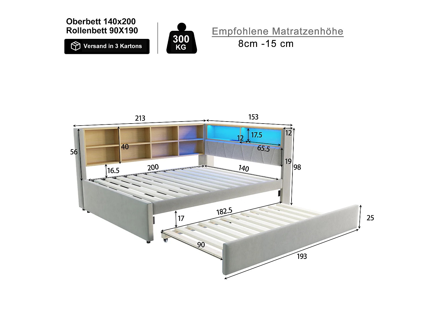 Lit banquette 140 x 200 cm - Lit gigogne 90 x 190 cm avec éclairage LED et nombreux rangements - flanelle gris clair