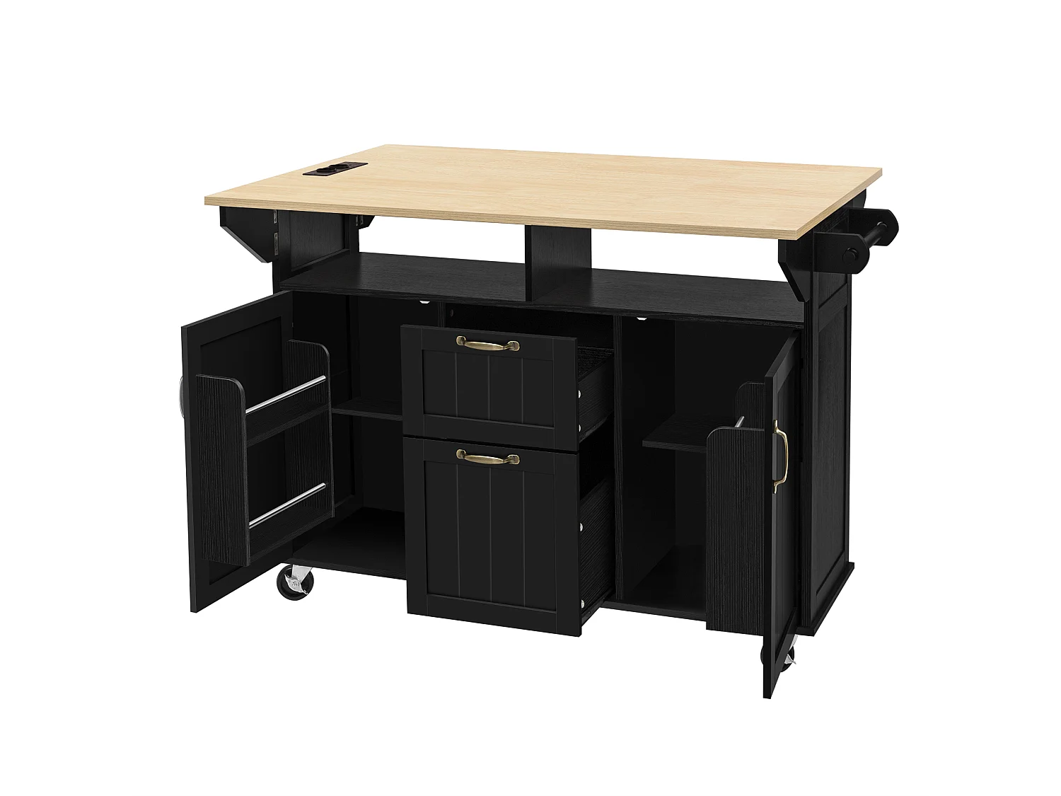 Îlot de cuisine noir - Desserte de cuisine avec 2 tiroirs et 2 portes - porte-serviettes et rangement ouvert