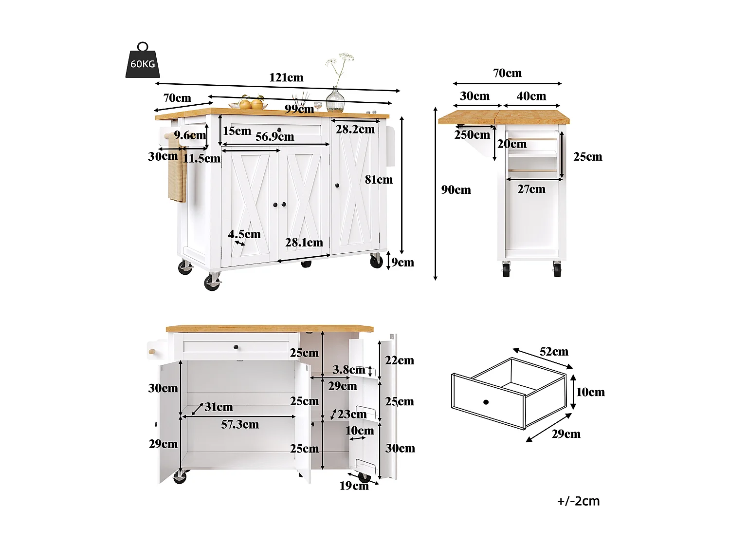 Îlot de cuisine blanc - Desserte de cuisine avec 1 tiroir et 3 portes - porte-serviettes et porte-épices