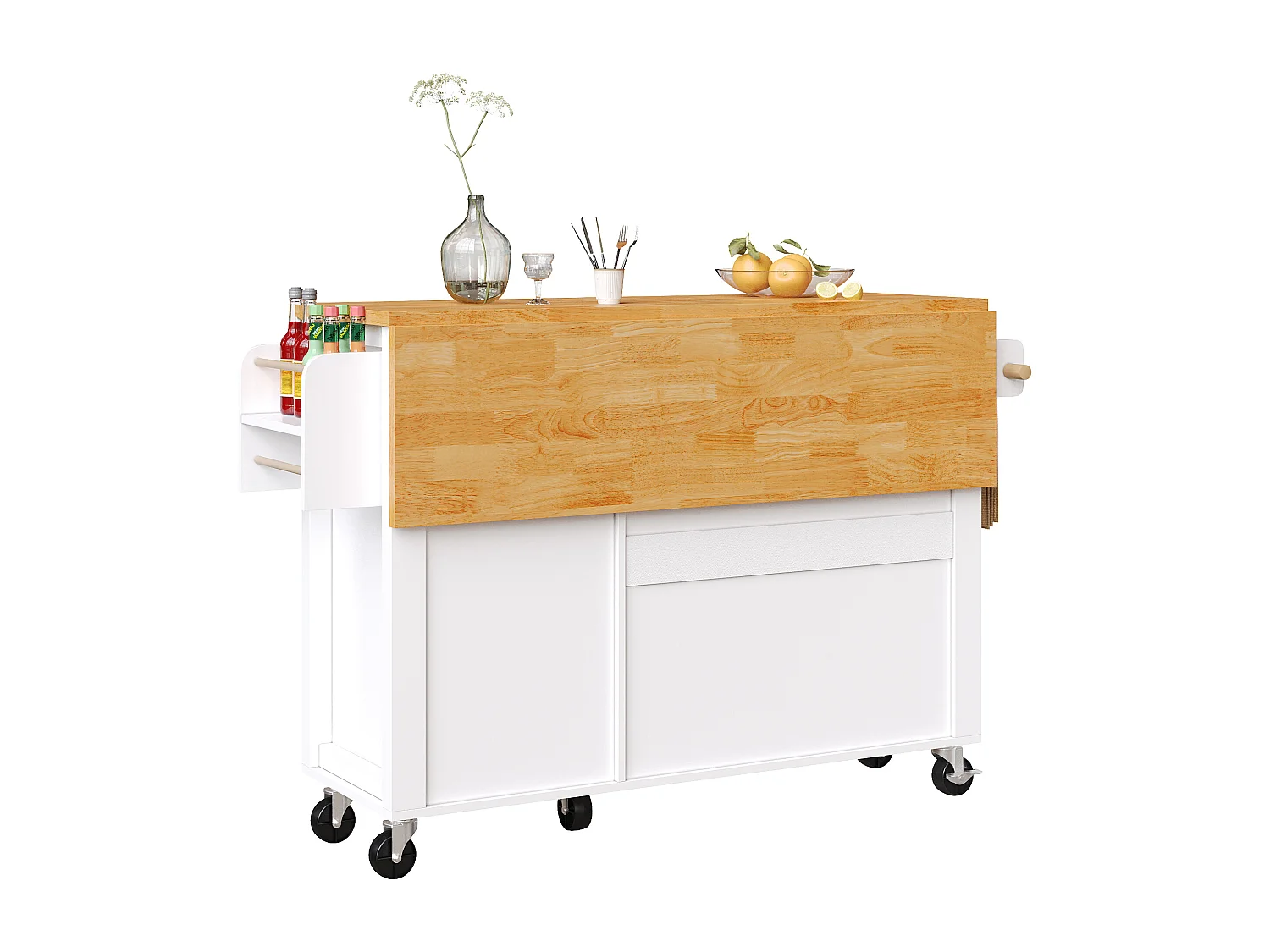 Îlot de cuisine blanc - Desserte de cuisine avec 1 tiroir et 3 portes - porte-serviettes et porte-épices