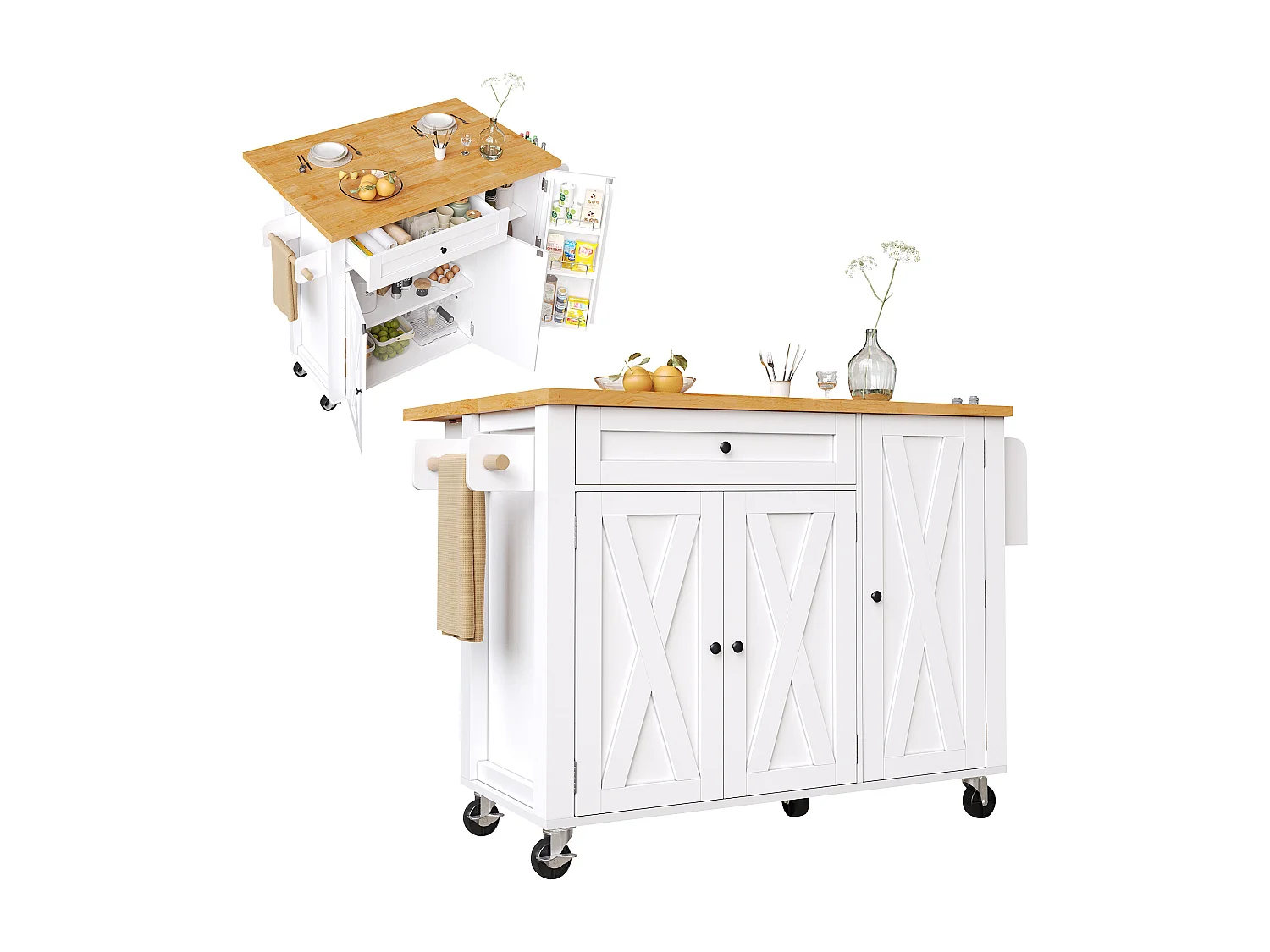 Îlot de cuisine blanc - Desserte de cuisine avec 1 tiroir et 3 portes - porte-serviettes et porte-épices