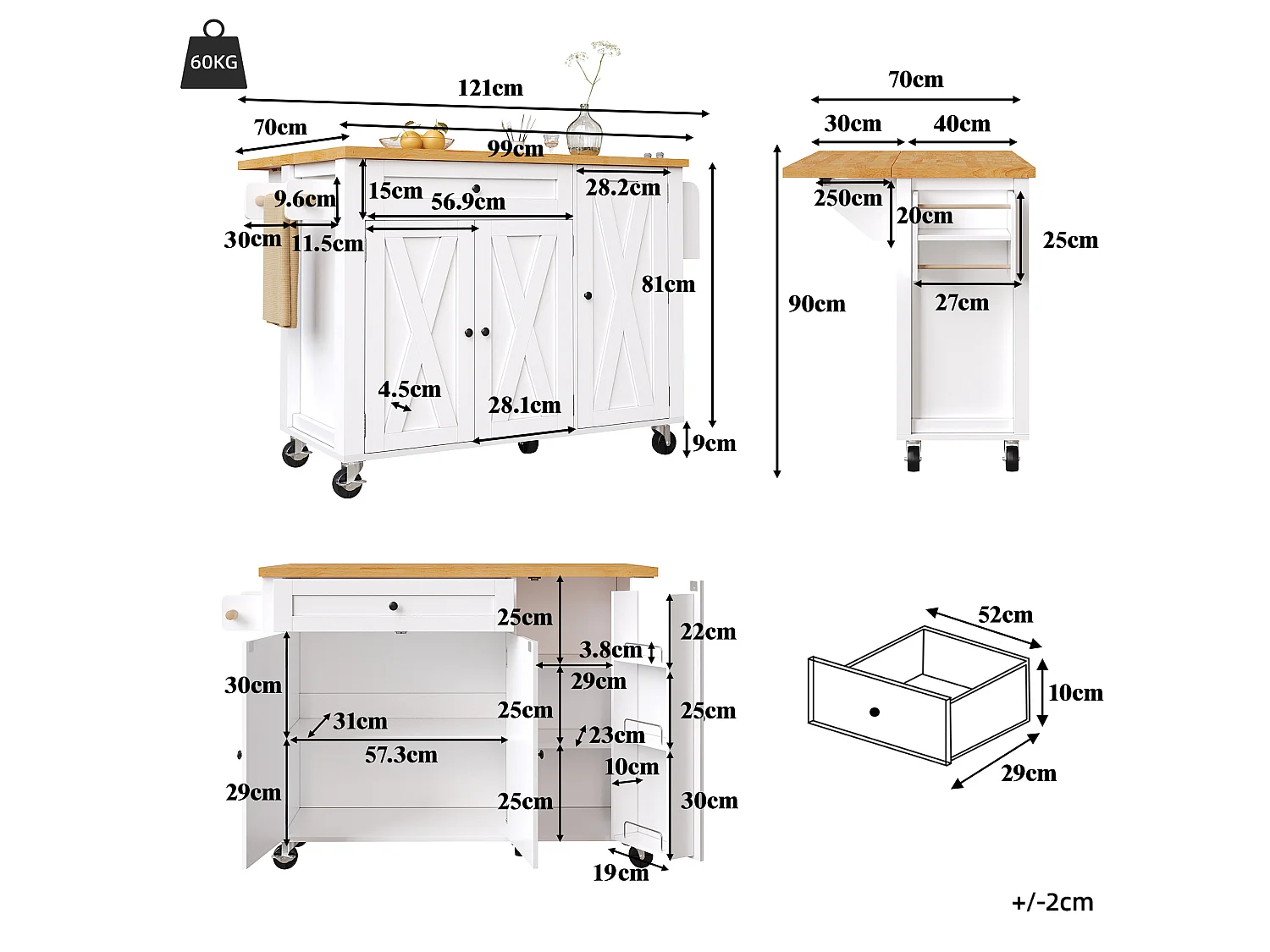 Îlot de cuisine blanc - Desserte de cuisine avec 1 tiroir et 3 portes - porte-serviettes et porte-épices