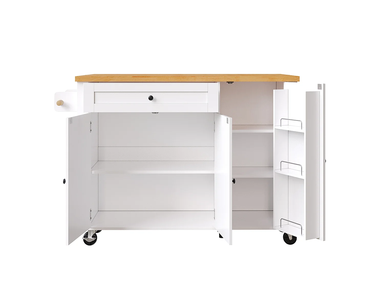 Îlot de cuisine blanc - Desserte de cuisine avec 1 tiroir et 3 portes - porte-serviettes et porte-épices