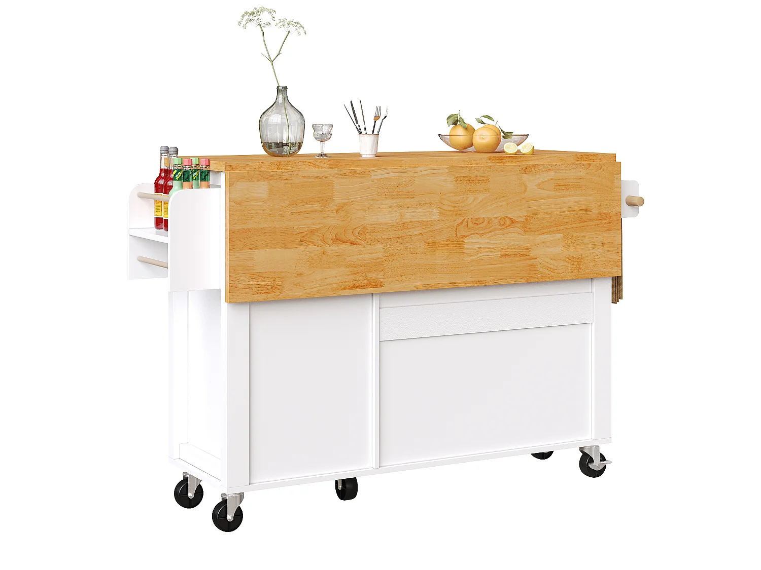 Îlot de cuisine blanc - Desserte de cuisine avec 1 tiroir et 3 portes - porte-serviettes et porte-épices