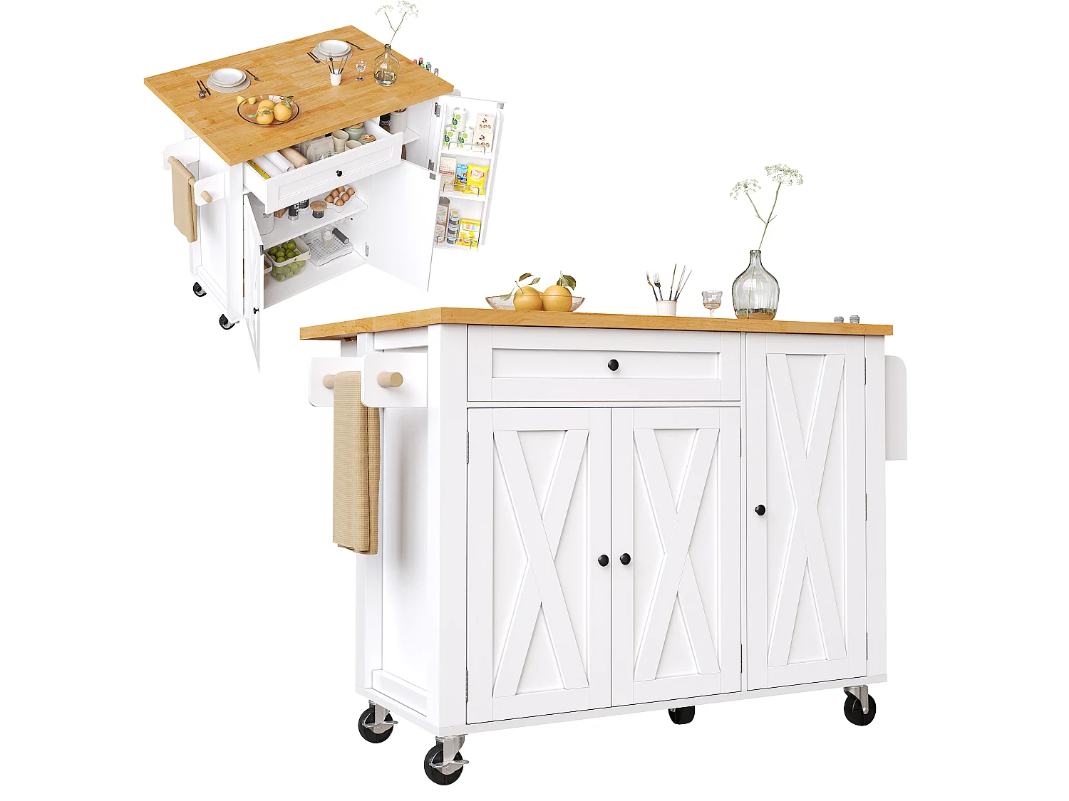 Îlot de cuisine blanc - Desserte de cuisine avec 1 tiroir et 3 portes - porte-serviettes et porte-épices