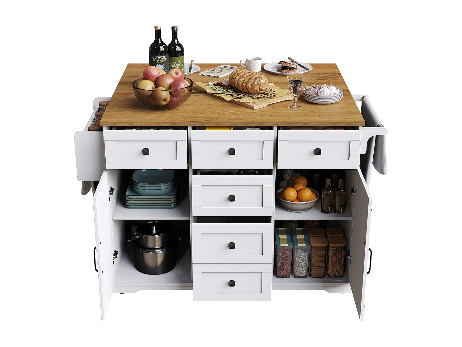 Carrello da cucina bianco - Isola cucina con 6 cassetti e 2 ante - Porta spezie e porta asciugamani