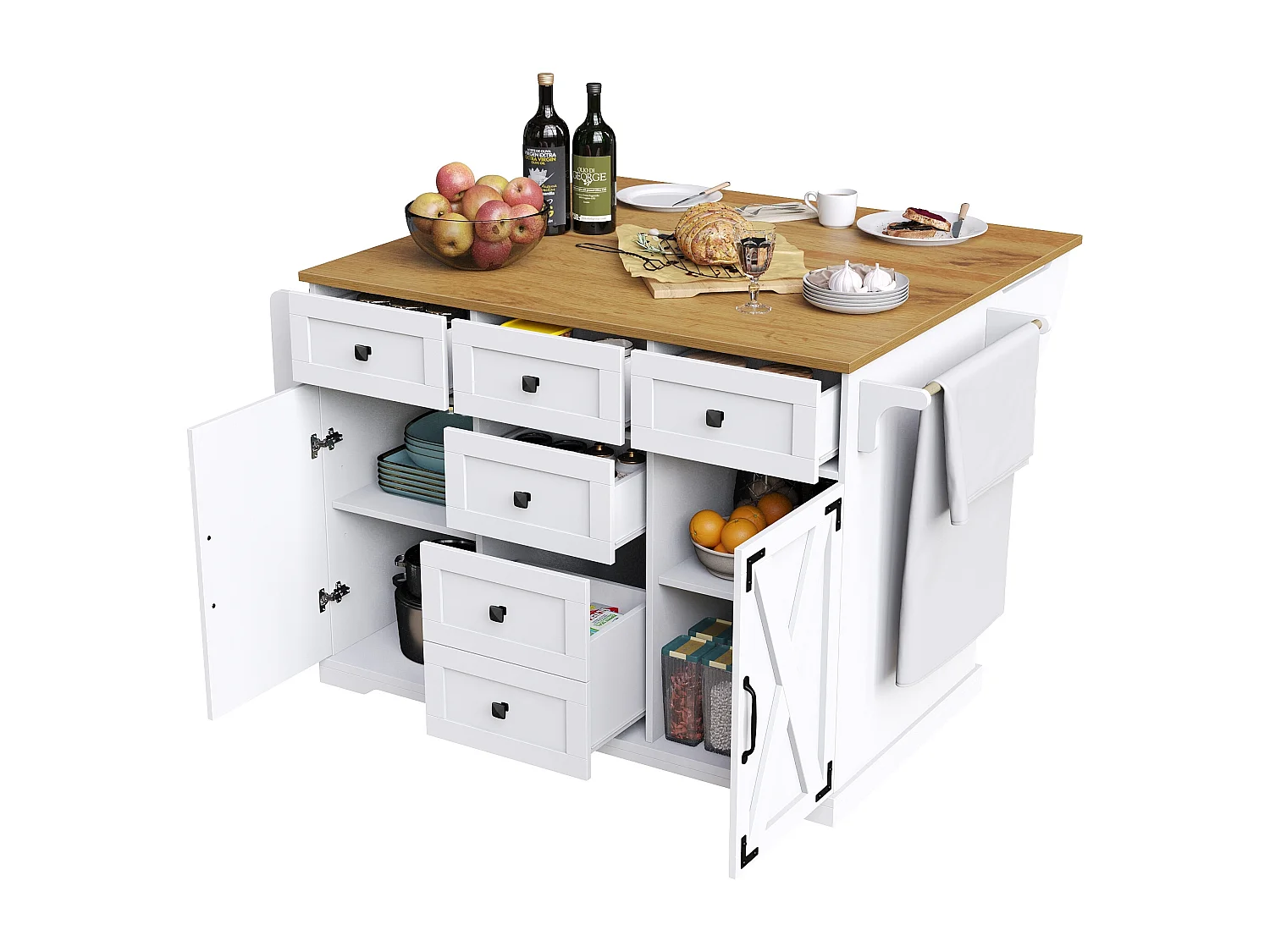 Desserte de cuisine blanc - Îlot de cuisine avec 6 tiroirs et 2 portes - étagère à épices et porte-serviettes