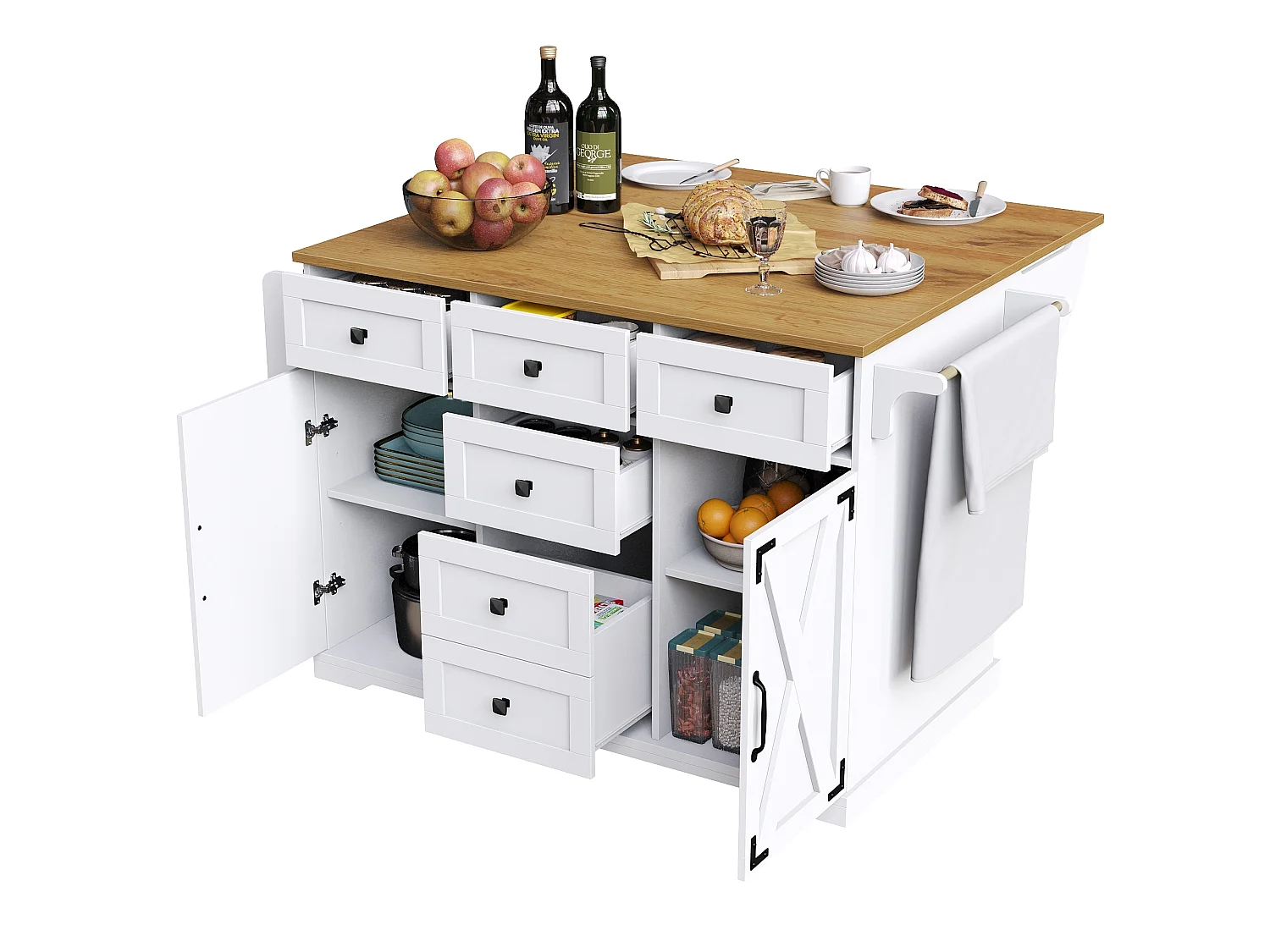 Desserte de cuisine blanc - Îlot de cuisine avec 6 tiroirs et 2 portes - étagère à épices et porte-serviettes