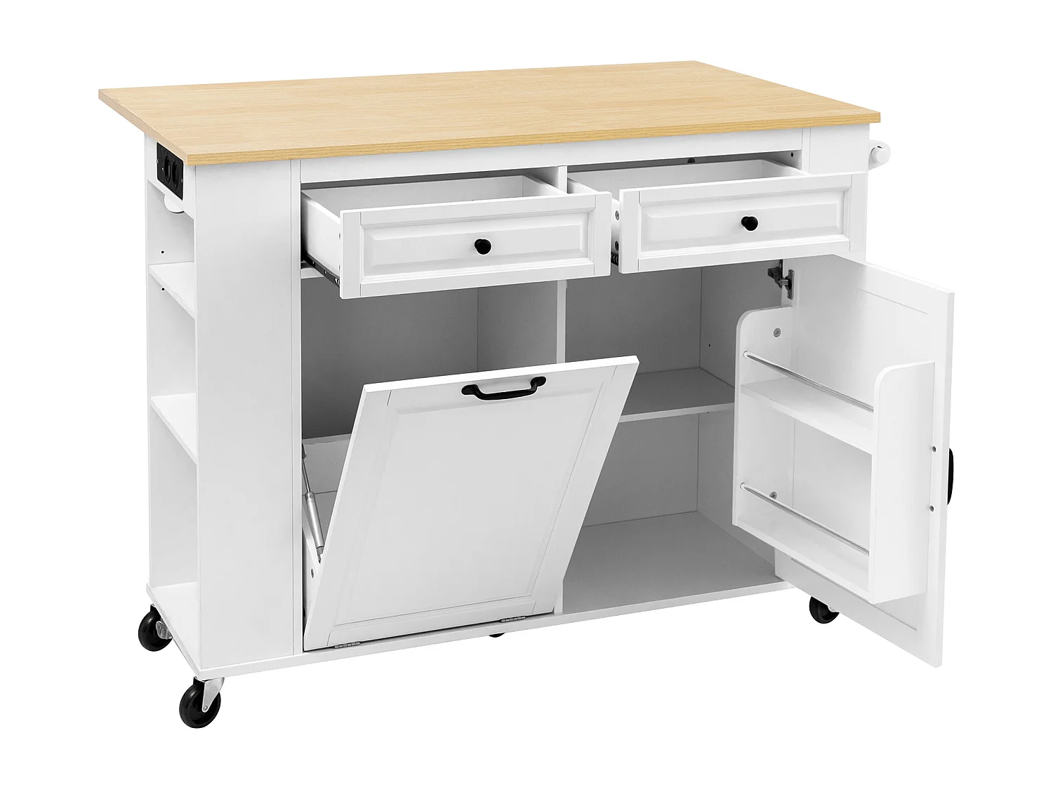 Carrello da cucina bianco - Isola cucina con 2 cassetti e 2 ante - Porta spezie e scomparto per la spazzatura