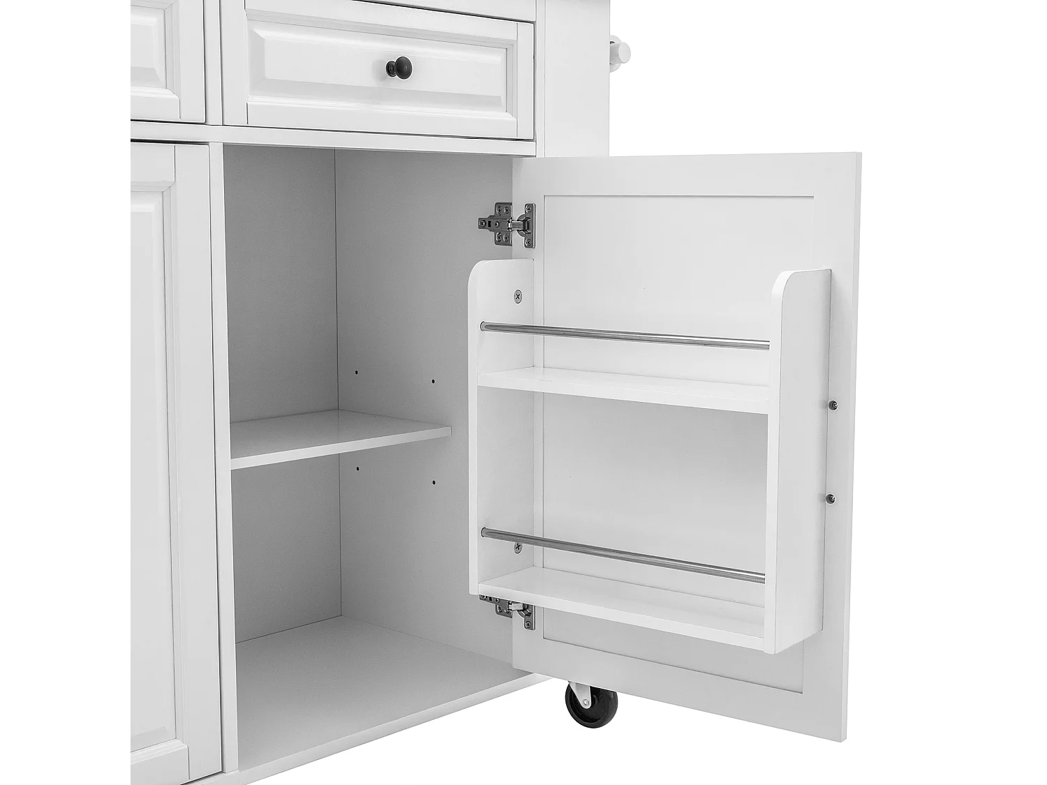 Desserte de cuisine blanc - Îlot de cuisine avec 2 tiroirs et 2 portes - étagère à épices et compartiment poubelle