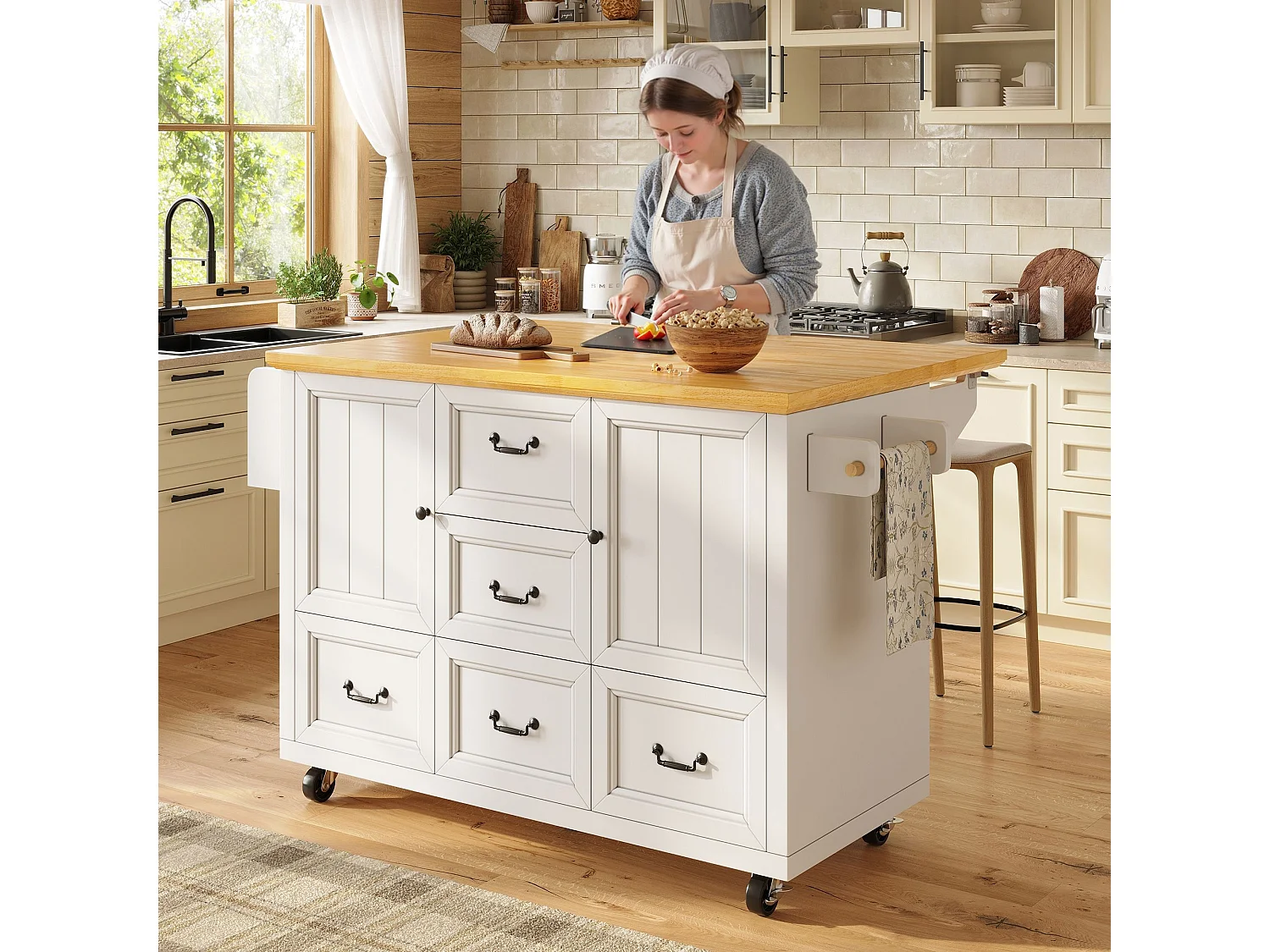 Îlot de cuisine blanc - Desserte de cuisine avec 5 tiroirs et 2 portes - etagère à épices et porte-serviettes