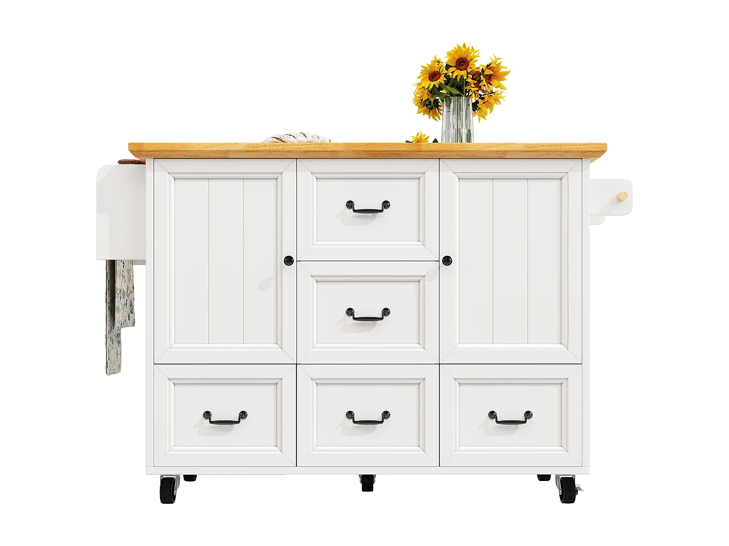 Îlot de cuisine blanc - Desserte de cuisine avec 5 tiroirs et 2 portes - etagère à épices et porte-serviettes