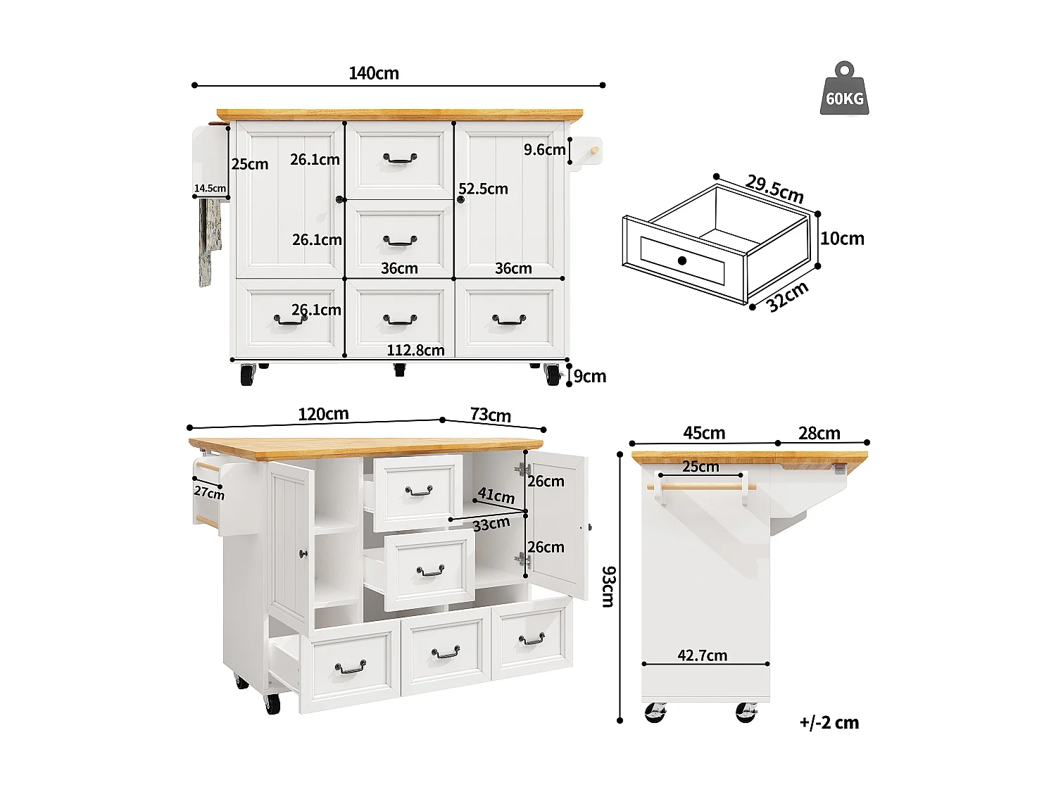 Îlot de cuisine blanc - Desserte de cuisine avec 5 tiroirs et 2 portes - etagère à épices et porte-serviettes