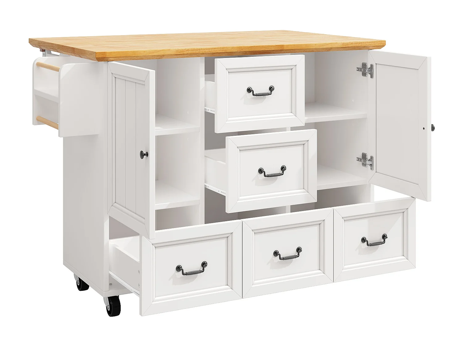 Îlot de cuisine blanc - Desserte de cuisine avec 5 tiroirs et 2 portes - etagère à épices et porte-serviettes