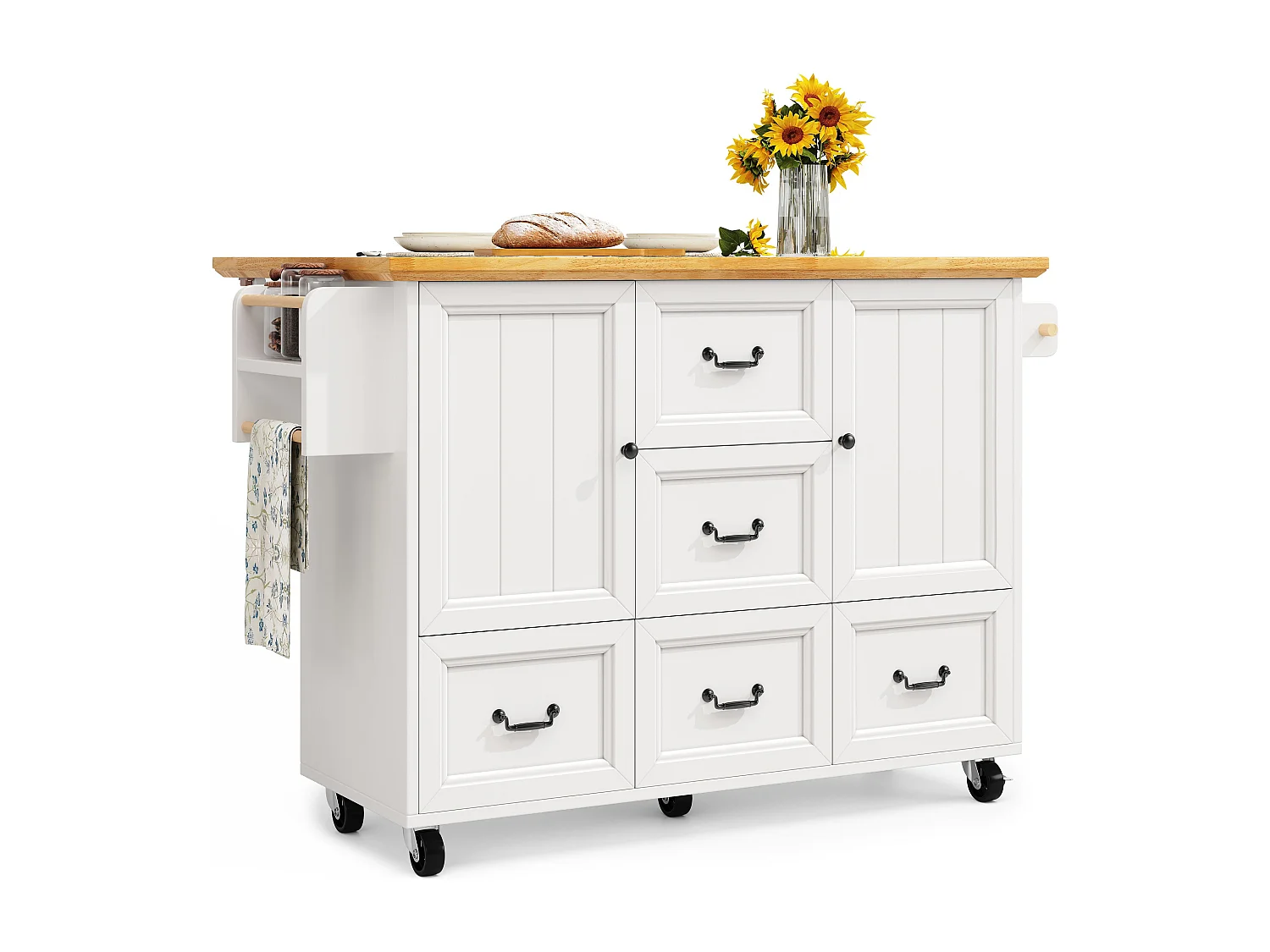 Îlot de cuisine blanc - Desserte de cuisine avec 5 tiroirs et 2 portes - etagère à épices et porte-serviettes