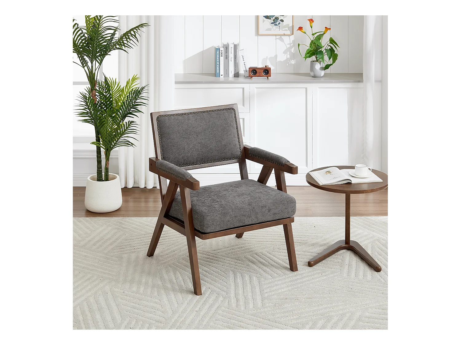 Fotel prosty z podłokietnikami - Fotel z poduszkami i oparciem - szary len