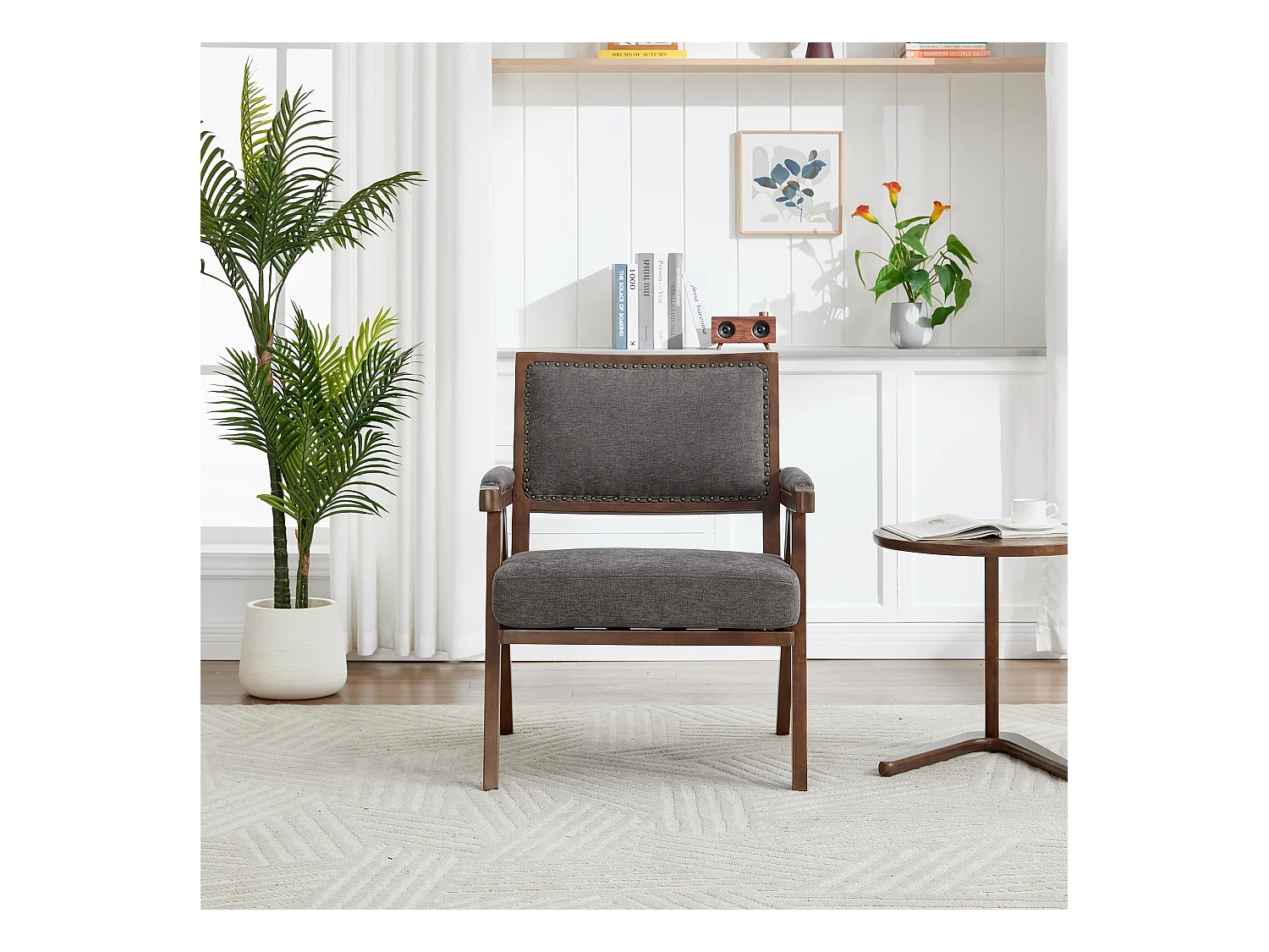 Fotel prosty z podłokietnikami - Fotel z poduszkami i oparciem - szary len