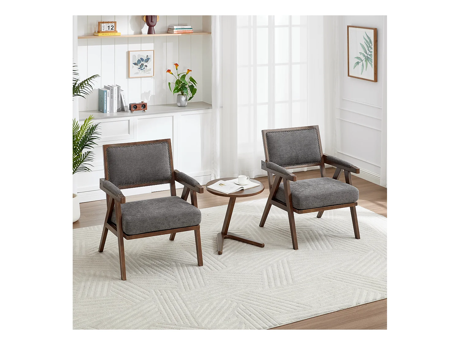 Fotel prosty z podłokietnikami - Fotel z poduszkami i oparciem - szary len