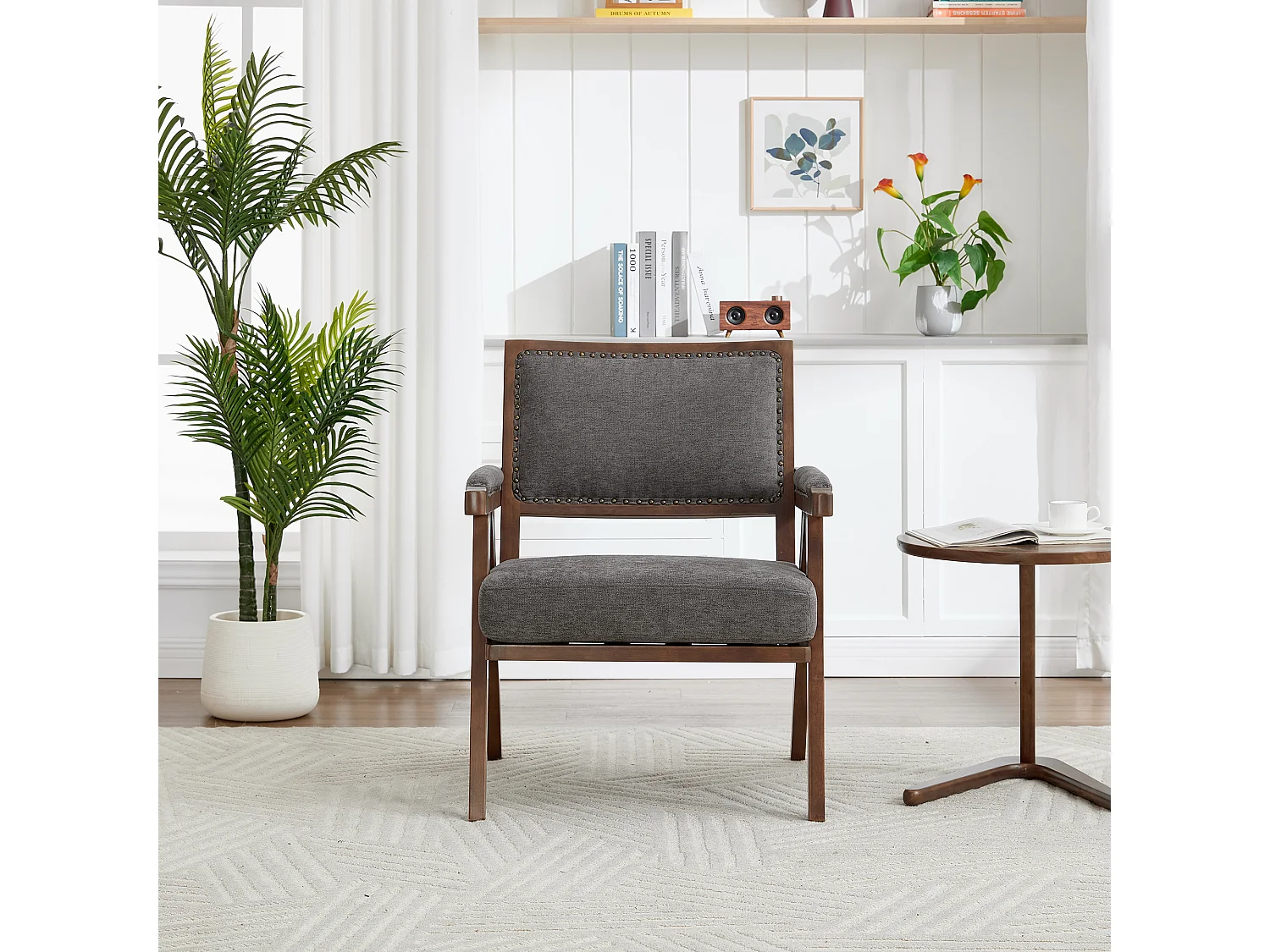 Fauteuil droit avec accoudoirs - Fauteuil avec coussins et dossier - lin gris