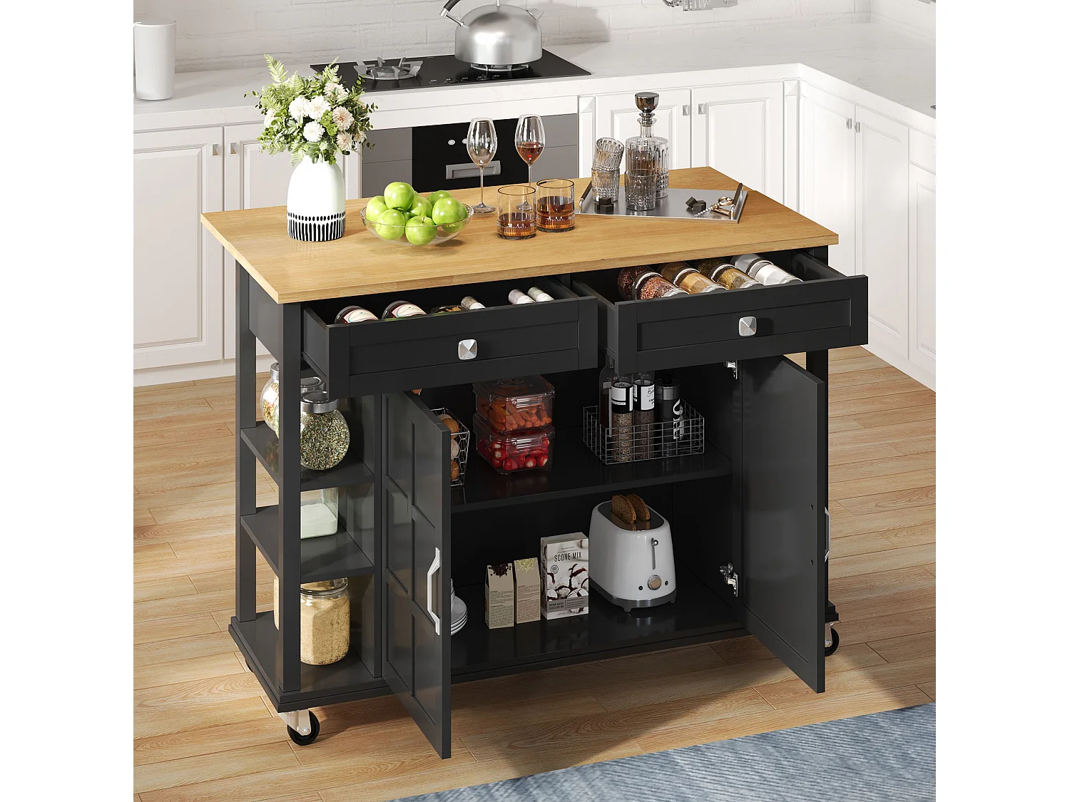 Îlot de cuisine noir - Desserte de cuisine avec 2 tiroirs et 2 portes - 6 espaces de rangement ouverts