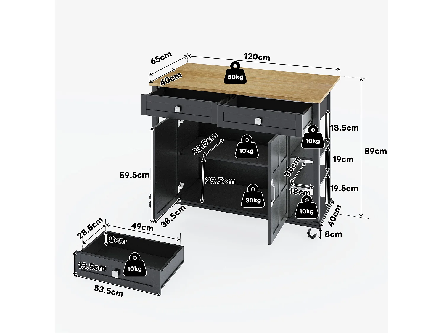 Îlot de cuisine noir - Desserte de cuisine avec 2 tiroirs et 2 portes - 6 espaces de rangement ouverts