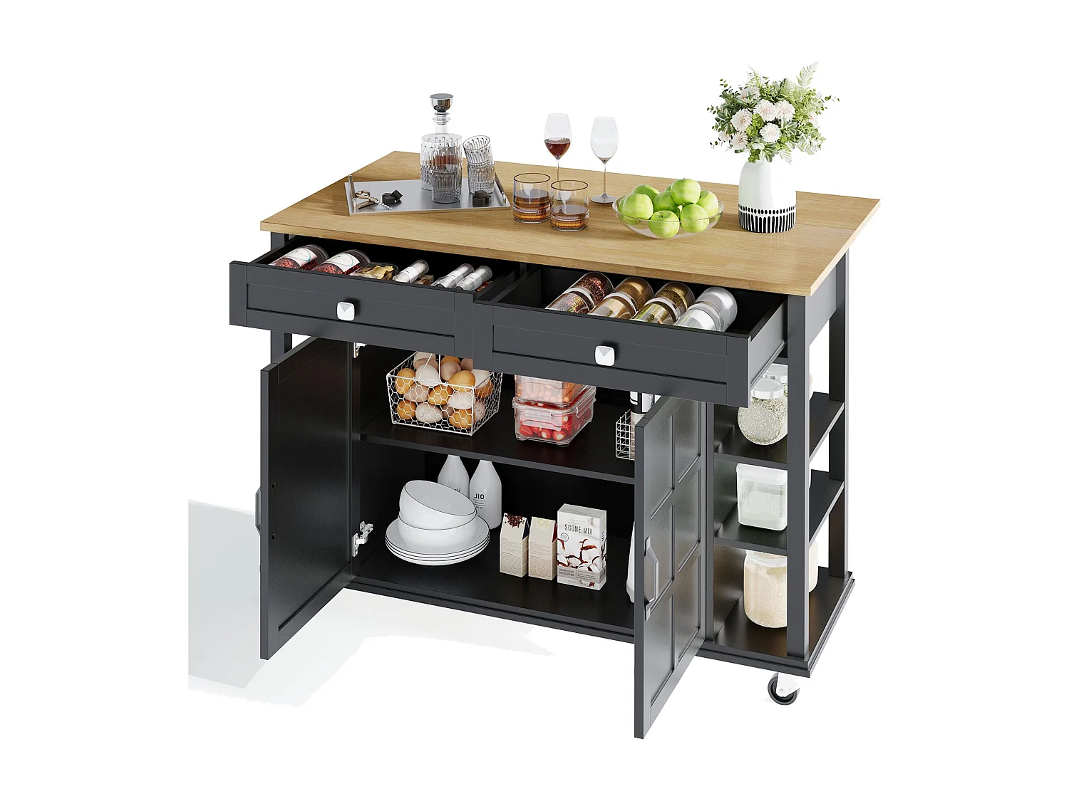 Îlot de cuisine noir - Desserte de cuisine avec 2 tiroirs et 2 portes - 6 espaces de rangement ouverts