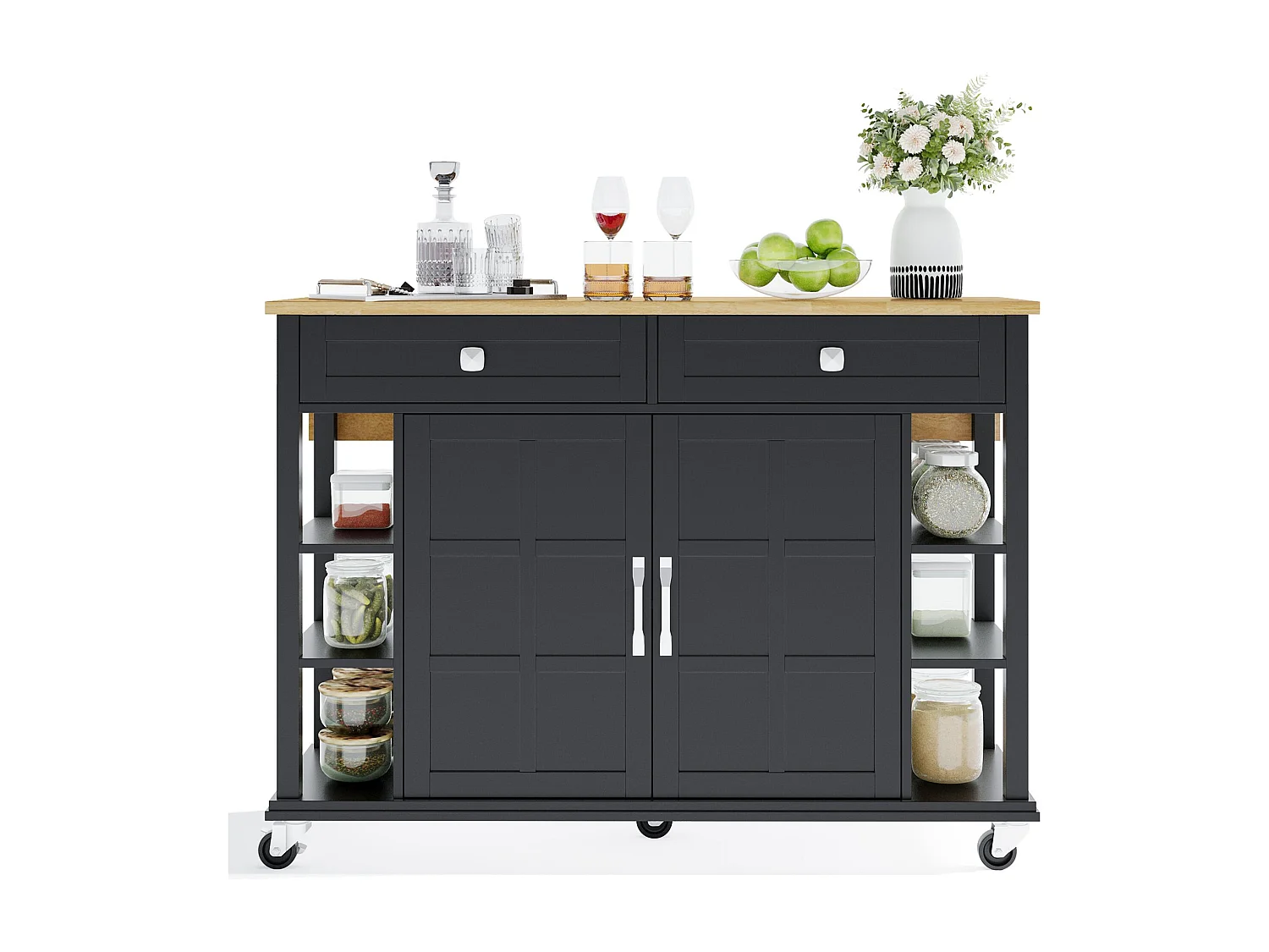 Îlot de cuisine noir - Desserte de cuisine avec 2 tiroirs et 2 portes - 6 espaces de rangement ouverts