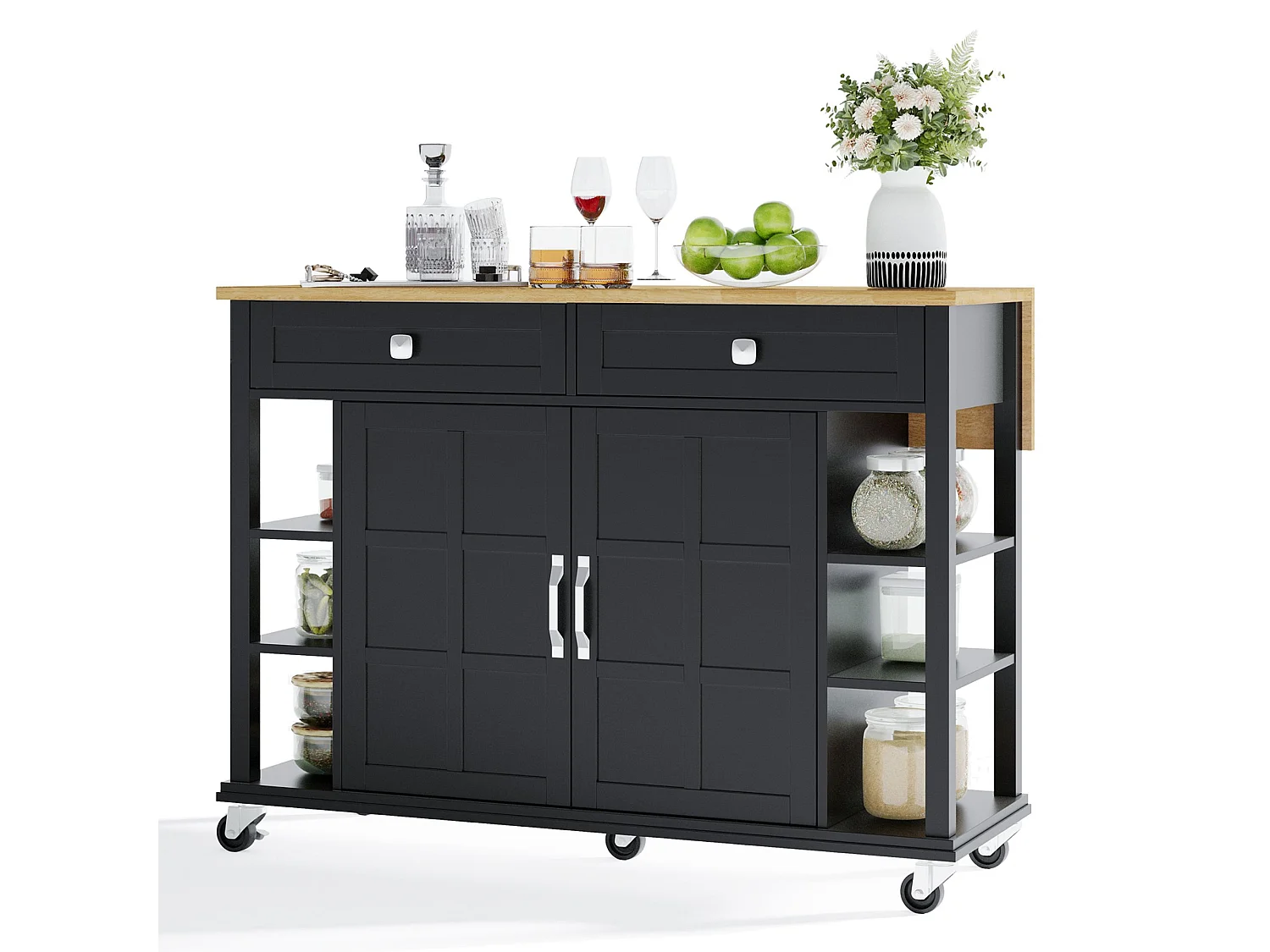 Îlot de cuisine noir - Desserte de cuisine avec 2 tiroirs et 2 portes - 6 espaces de rangement ouverts