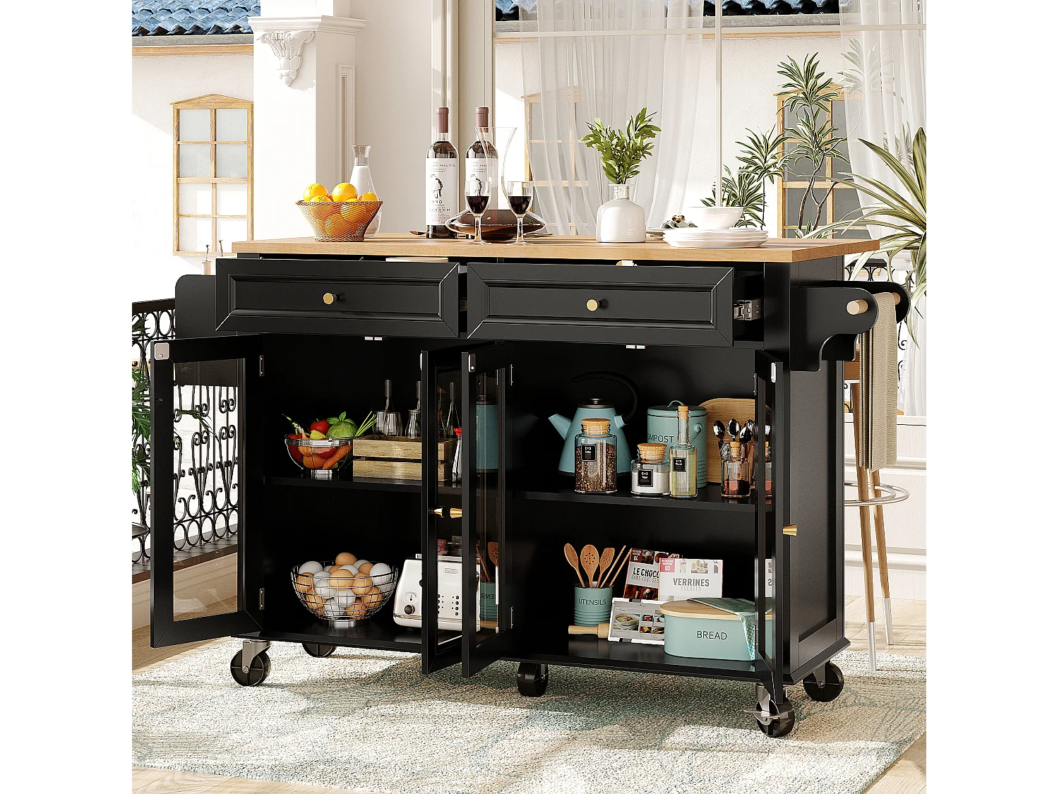 Isola cucina nera - Carrello cucina con 2 cassetti e 4 ante in vetro - porta spezie e porta asciugamani