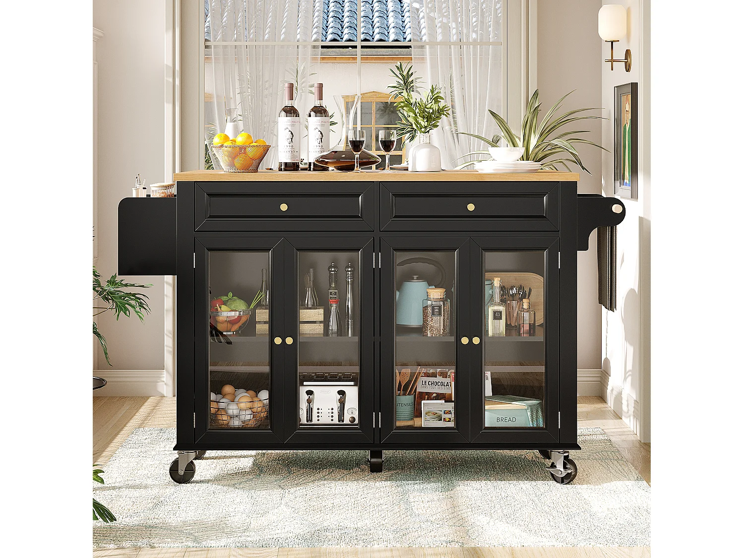 Isola cucina nera - Carrello cucina con 2 cassetti e 4 ante in vetro - porta spezie e porta asciugamani