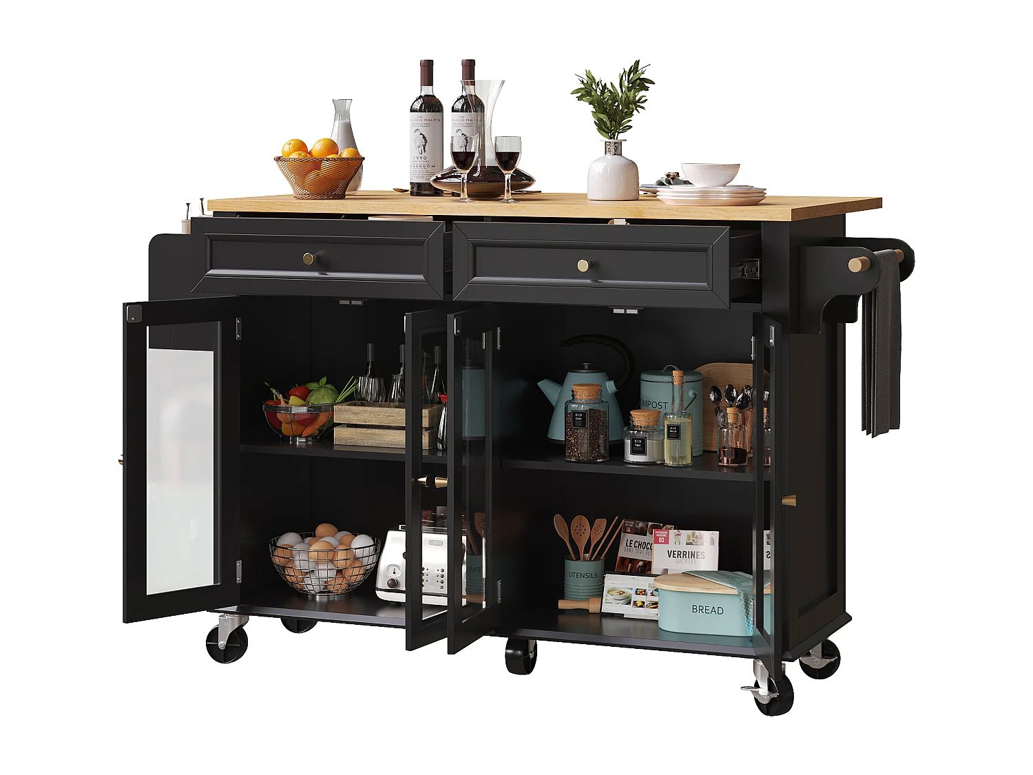 Isola cucina nera - Carrello cucina con 2 cassetti e 4 ante in vetro - porta spezie e porta asciugamani