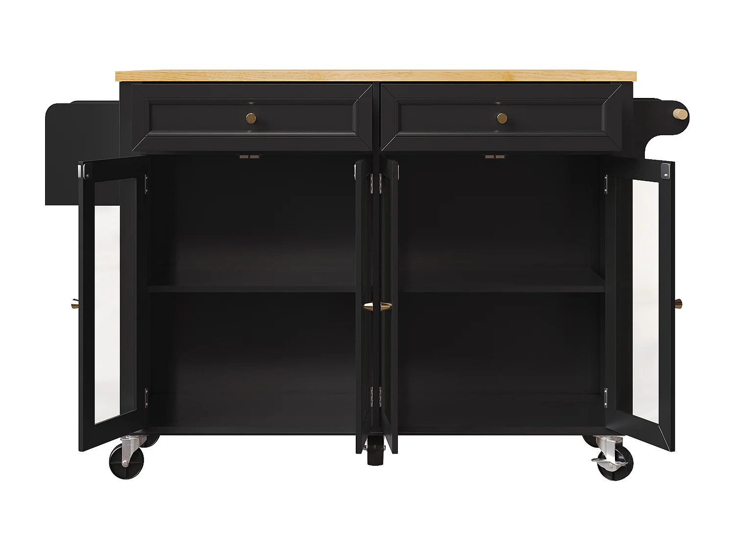 Isola cucina nera - Carrello cucina con 2 cassetti e 4 ante in vetro - porta spezie e porta asciugamani