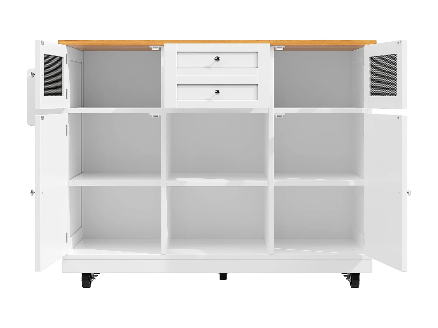 Îlot de cuisine blanc - Desserte de cuisine avec 2 tiroirs et 4 portes - etagère à épices et porte-serviettes