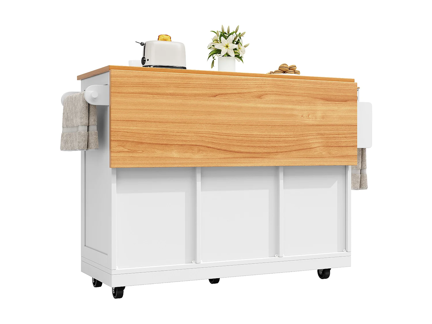 Îlot de cuisine blanc - Desserte de cuisine avec 2 tiroirs et 4 portes - etagère à épices et porte-serviettes