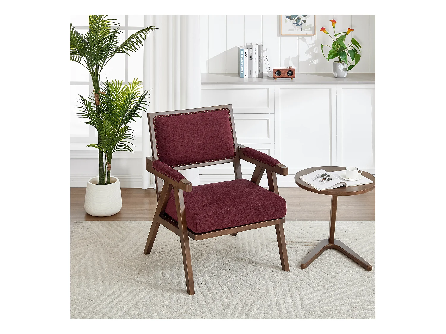 Fotel prosty z podłokietnikami - Fotel z poduszkami i oparciem - len w kolorze różowo-czerwonym